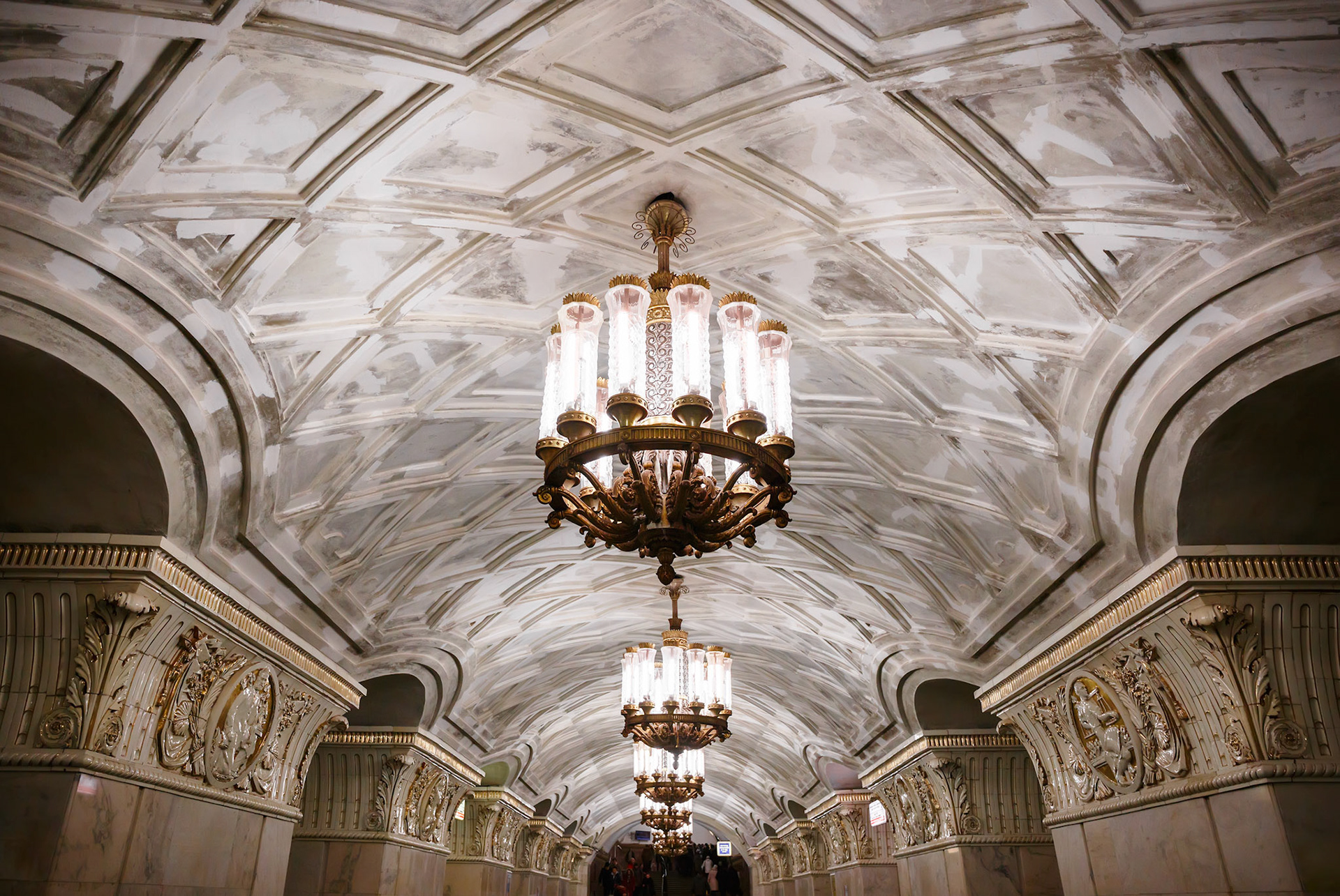 Chandeliers in Prospekt Mira metro station in Moscow, Russia