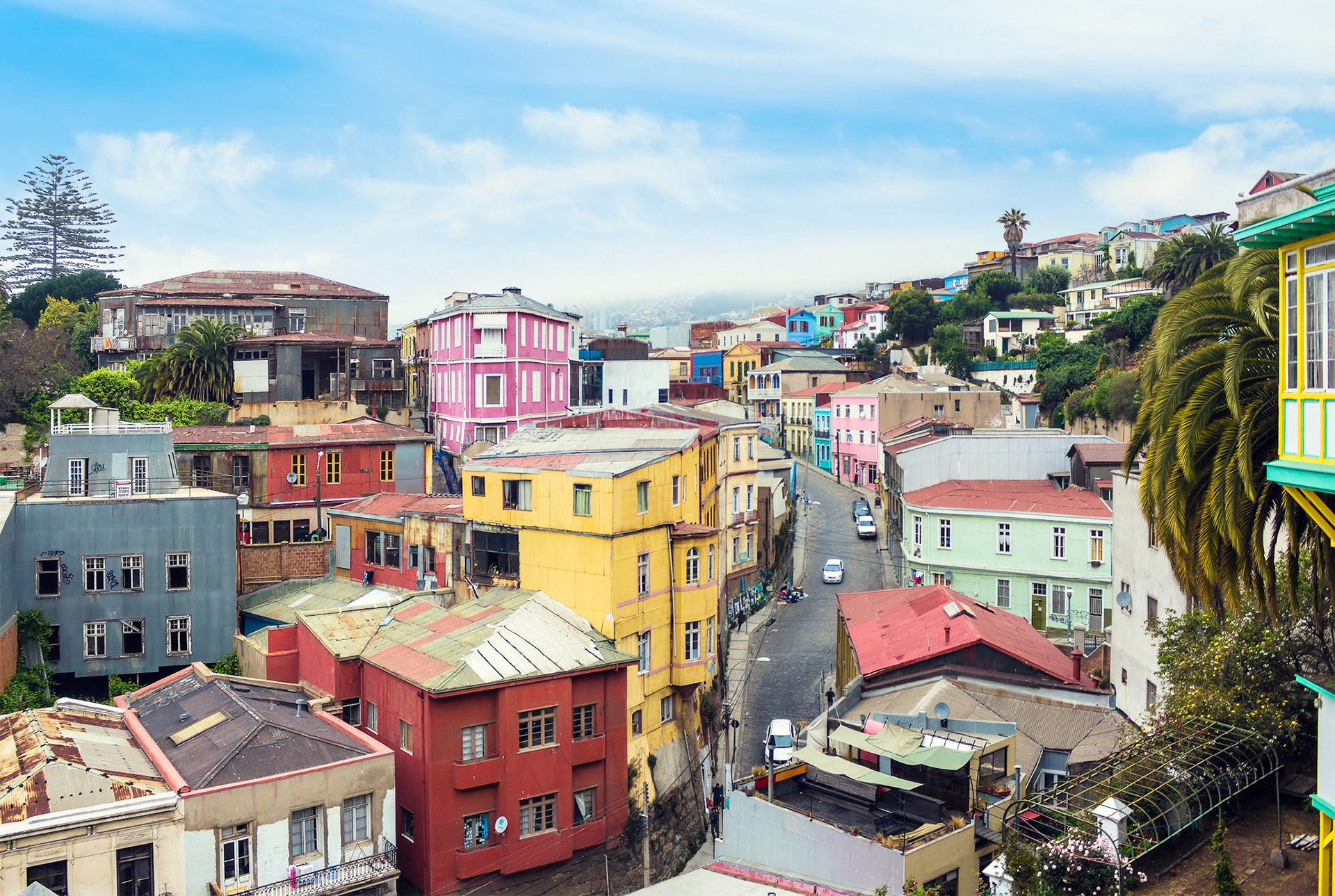 VALPARAISO, CHILE - OCTOBER 27, 2016: View of city center of Valparaiso form hill. Valparaiso is very picturesque city and famous as a UNESCO World Heritage Site.