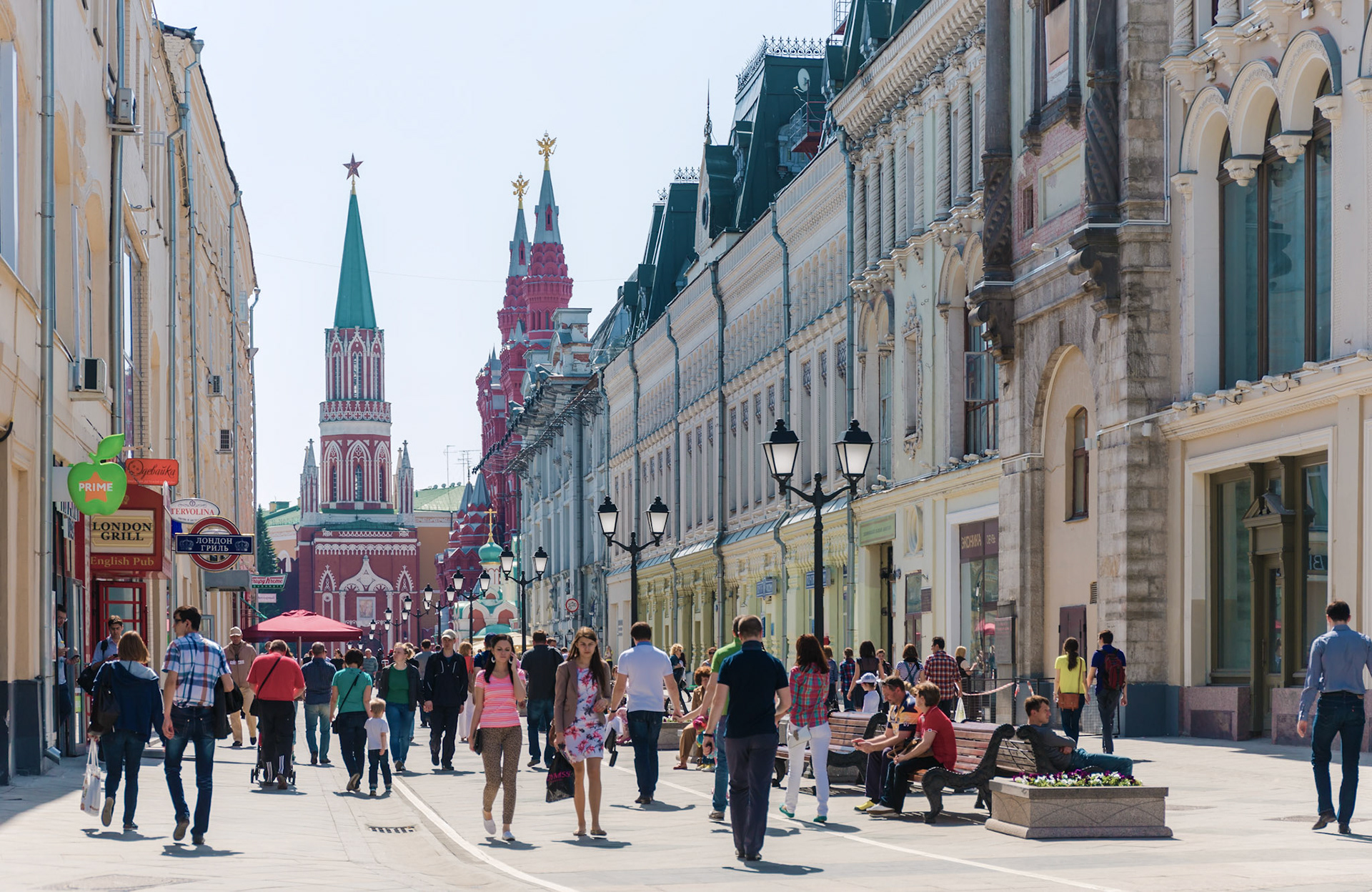 MOSCOW - MAY 18: People walking down the Nikolskaya street on May 18, 2014 in Moscow. Nikolskaya Street is a street in the Kitay-Gorod district, Moscow, Russia. It connects Red Square and Lubyanka Square. At 2013 the street was made pedestrian.