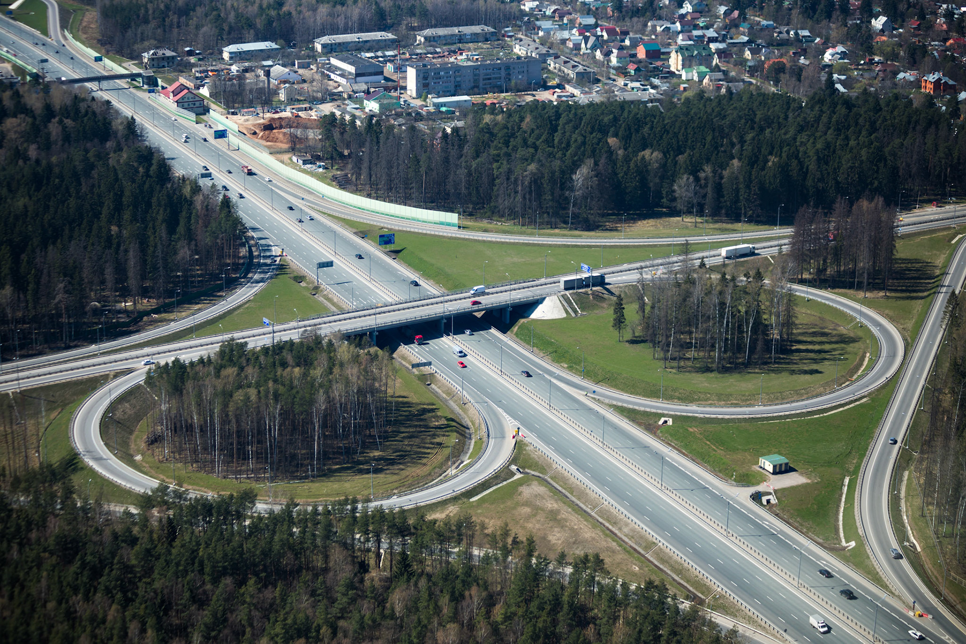Aerial view of a transport interchange from the helicopter near Moscow, Russia