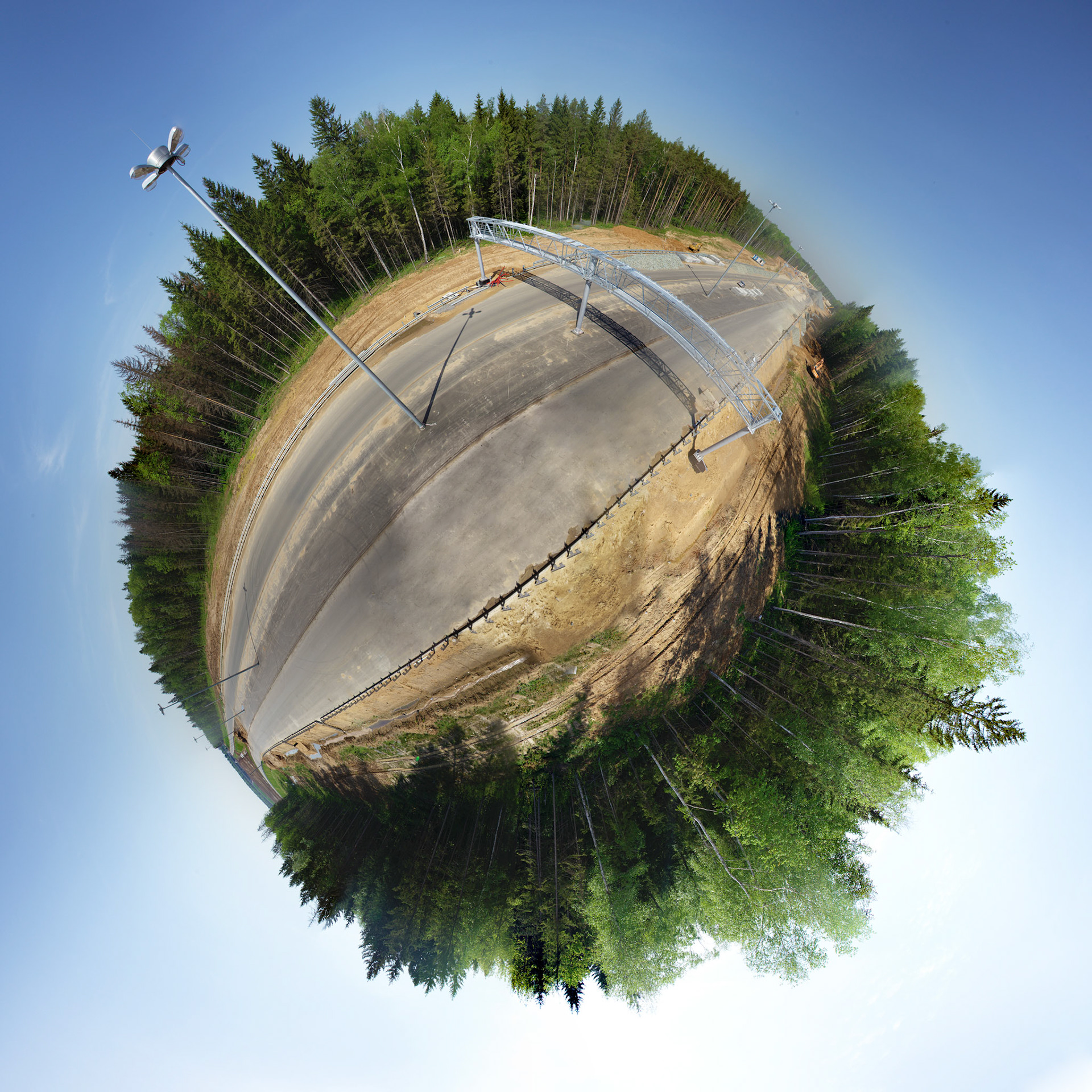 Circle panorama of the road in russian forest