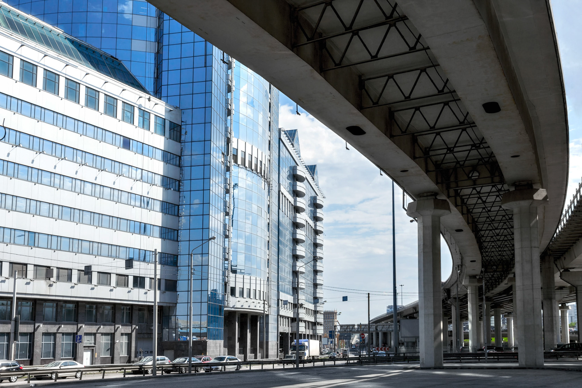 Overpass of the Third Ring Road in Moscow in front of business district Moscow-City, Russia