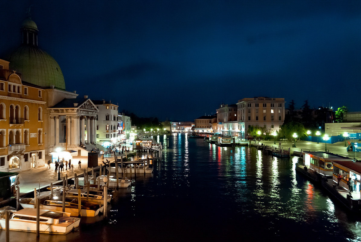Beautiful view of Grand Canal in Venice at night from Scalzi bridge