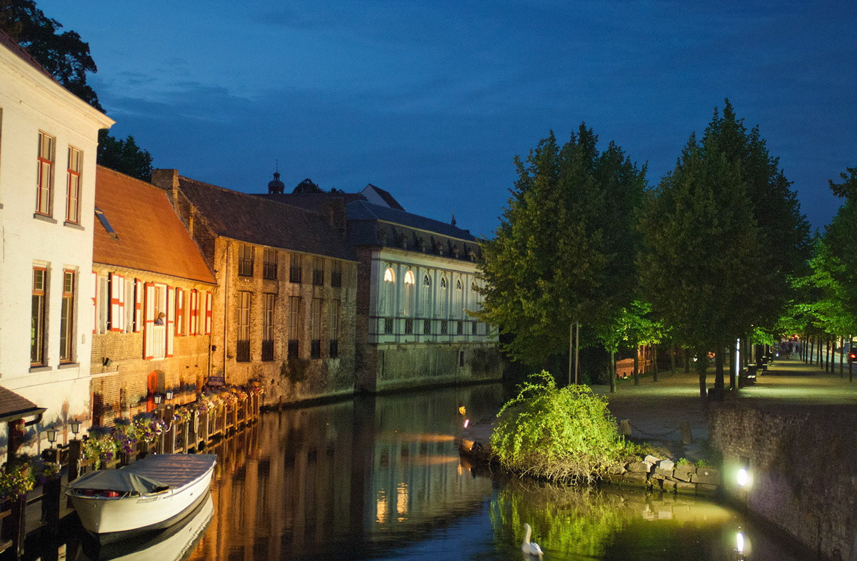 One of numerous canals in Bruges at night, Belgium