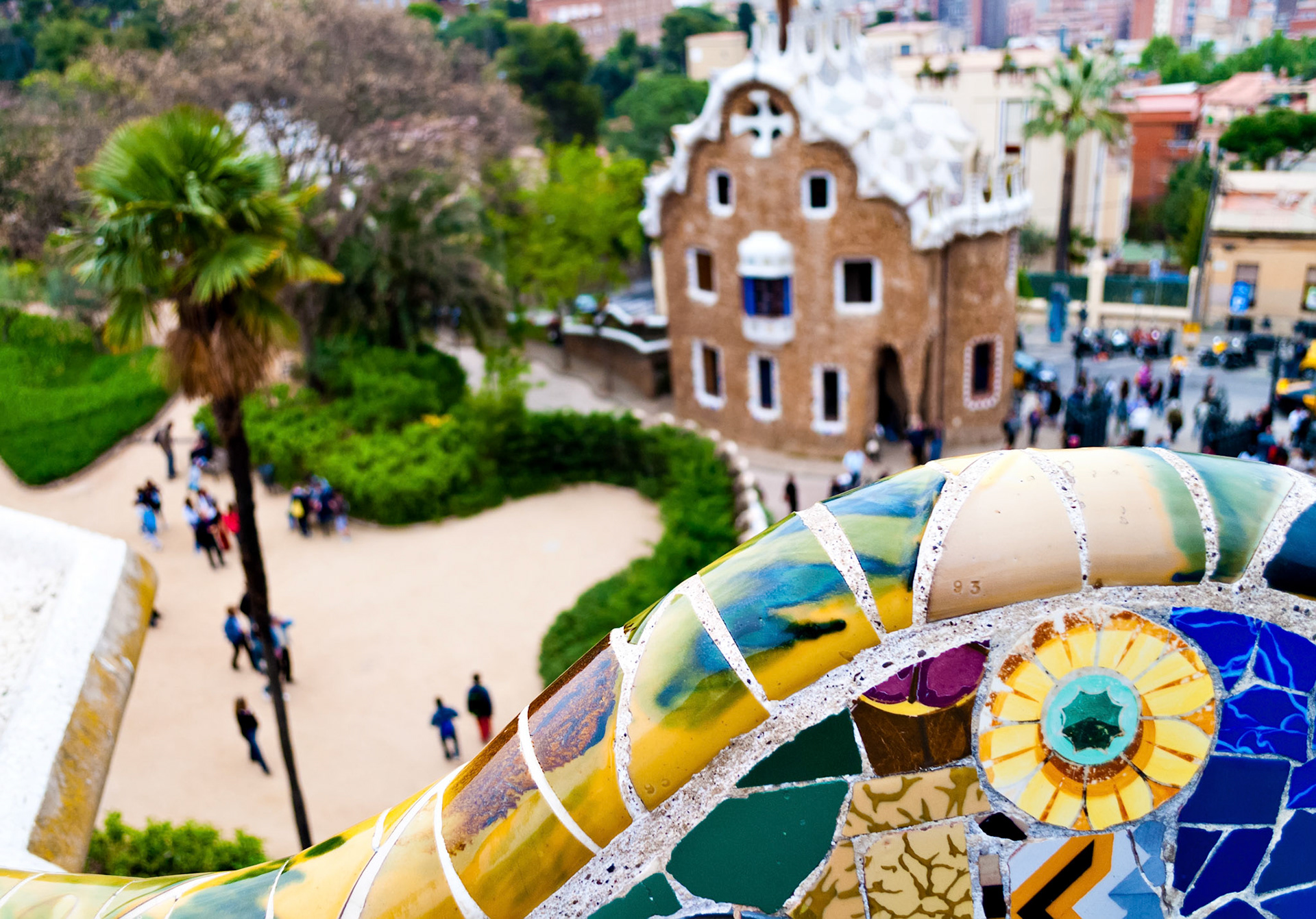 Detail of the modernist ceramics from the Guadi bench in park Guell Barcelona, Spain.