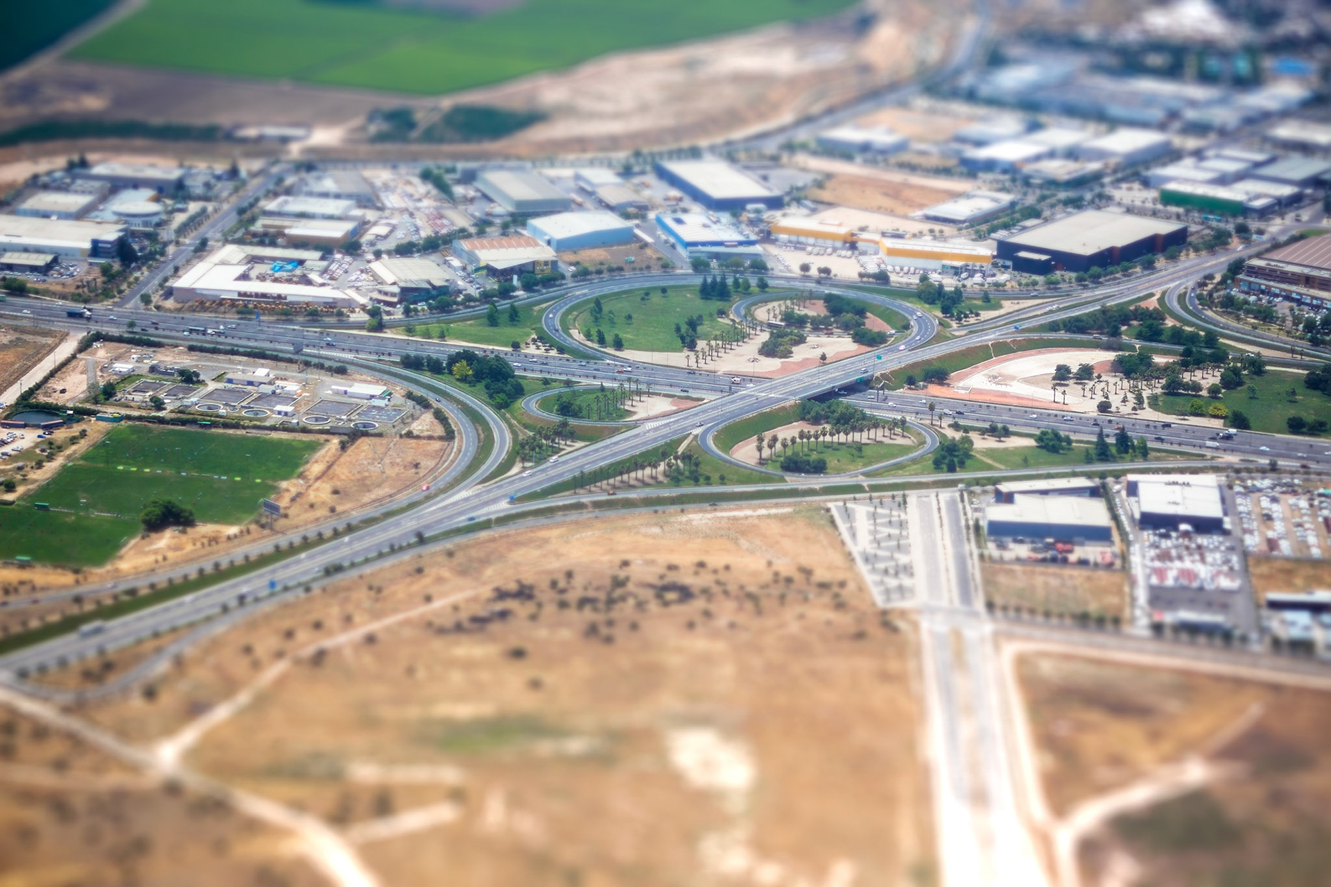 Airplane view of the suburbs of Santiago, Chile with tilt-shift effect