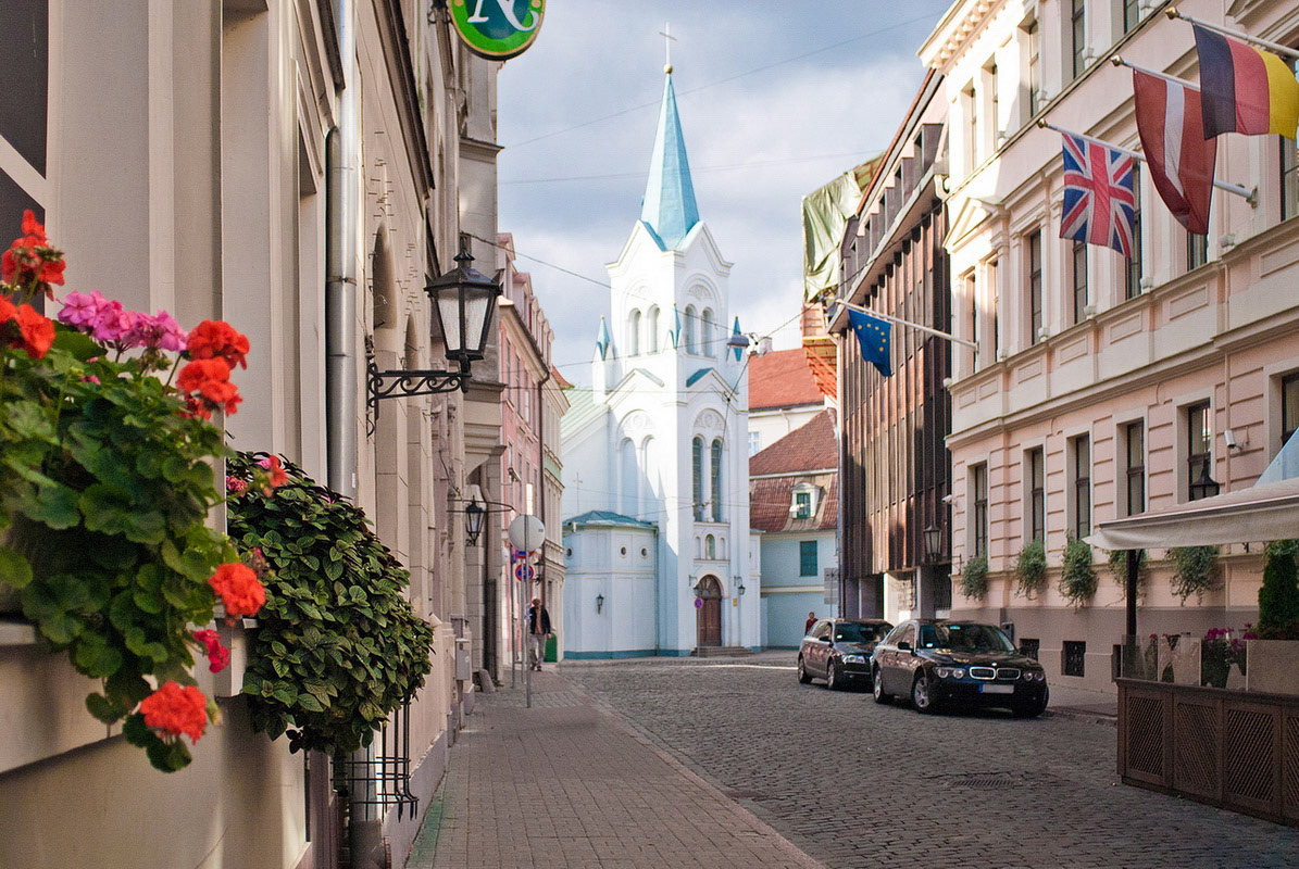 Charming street of the Riga's old town, Latvia