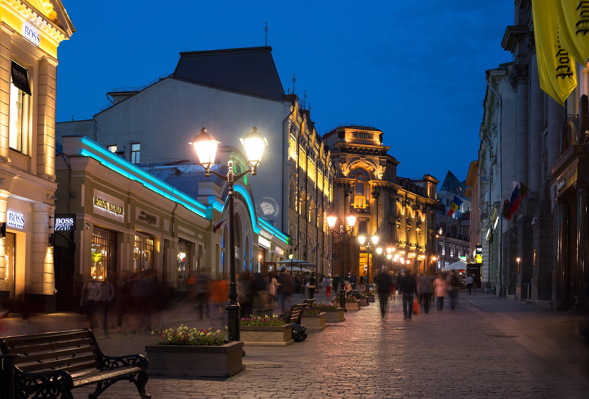 MOSCOW - MAY 16: People walking down the Kuznetsky Most street on May 16, 2014 in Moscow. The name, literally Blacksmith's Bridge, refers to the 18th-century bridge over Neglinnaya River.