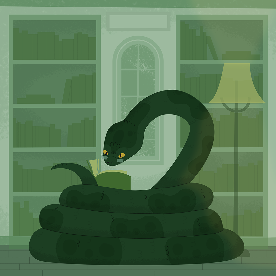 Day 20: Serpent Shiloh is a bit of a bookworm...er serpent rather. She only leaves the house to exchange books at the library or to stop in at the bookstore. However it is a bit tough navigating the shelves when you have a terribly long body and don’t even get her started about crossing streets. Sometimes she doesn’t mind rereading books if it means staying inside for another day or two...or three.