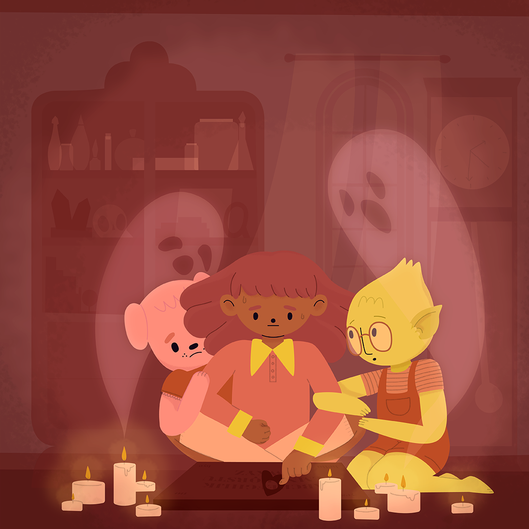 Day 19: Seance Pippa, Maisie, and Dorothy are supposed to be doing their homework, but Maisie wanted to show off the cool Ouija board she found in her grandma’s attic. Pippa’s dad keeps telling her this stuff isn’t for werepups, and she’s starting to think maybe he was right. Is the smoke playing tricks on Dorothy or is this actually working?