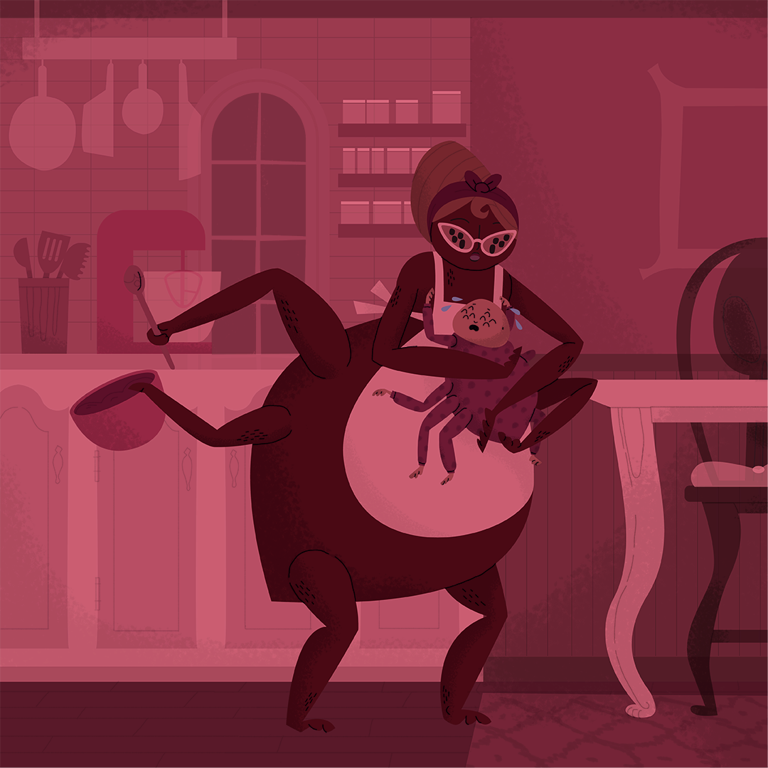 Day 9: Spider Baby That makuragaeshi is definitely a heathen. Poor baby Toby was down for a nap and his mom Gwyneth was taking advantage of the opportunity to make some Choco-Fly cookies. Thankfully she has eight legs otherwise this might have been a disaster.