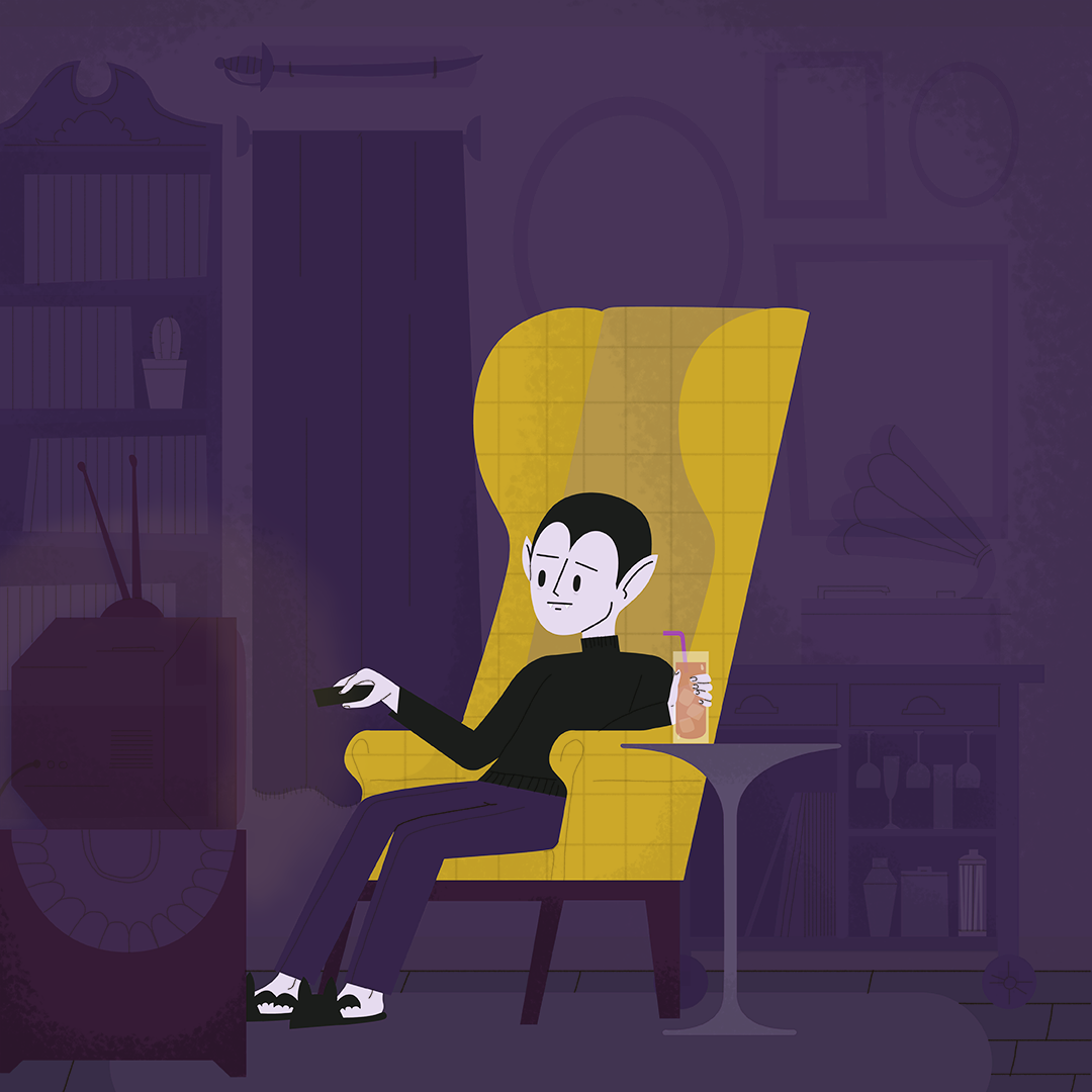 Day 12: Vampire Felix loves relaxing every night with a Bloody Mary and a good movie. But while Larry is here he can’t seem to relax. How much is this water bill gonna be next month? Will that awful black goo come out of the grout? He just hopes his clawfoot tub survives the week, he really wants his deposit back.