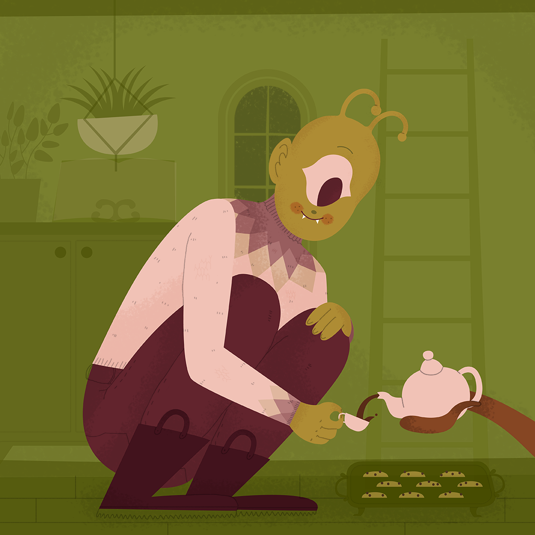 Day 23: Monster Phyllis loves her tea time with her newly acquired pumpkin plant, it is an unexpected bonus after laboriously caring for it. Plus she feels way less guilt about all of the cookies she bakes. Maybe she could get used to this whole roommate thing...how do you tell your landlord about this one?