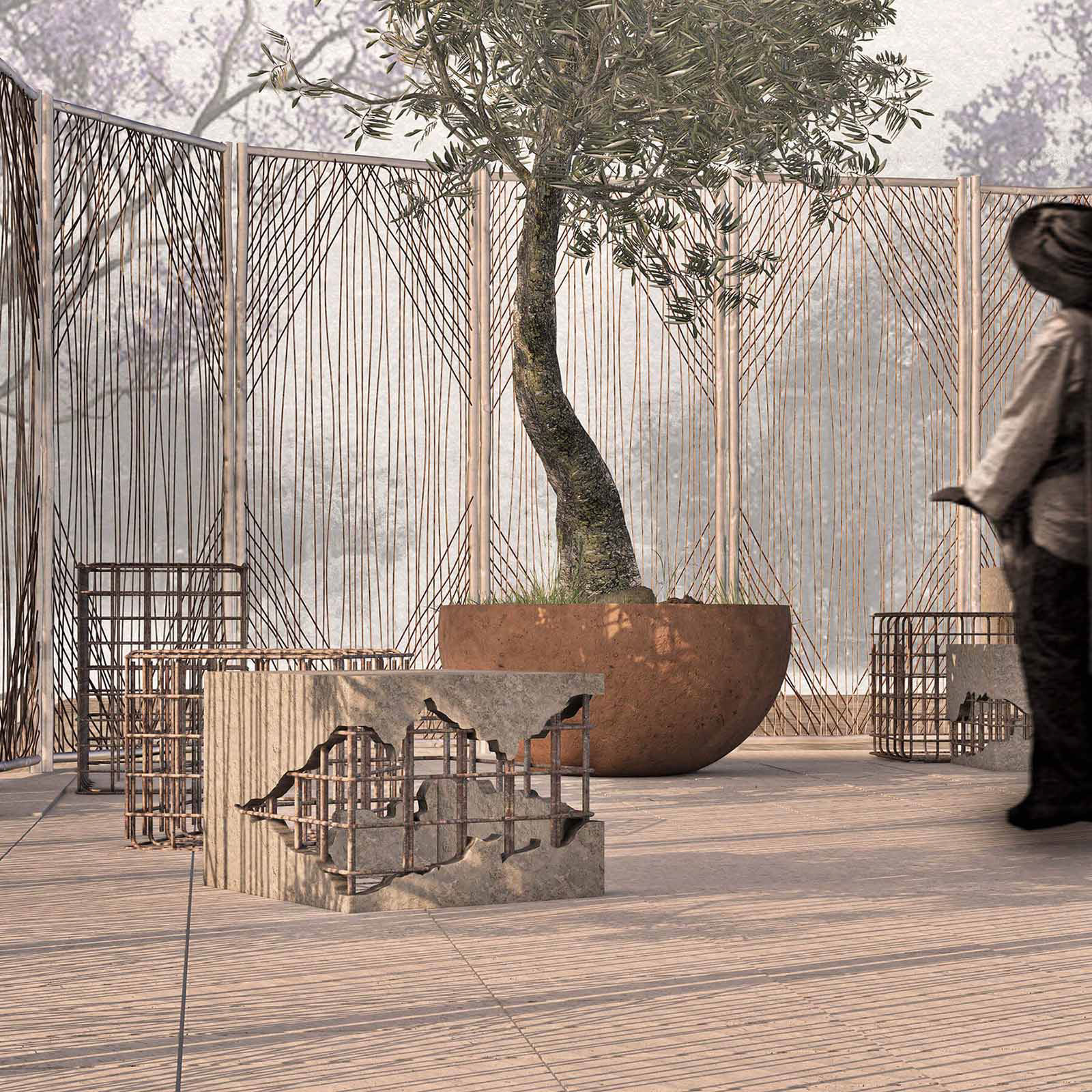 Mobiliario fabricado con varillas recicladas y concreto