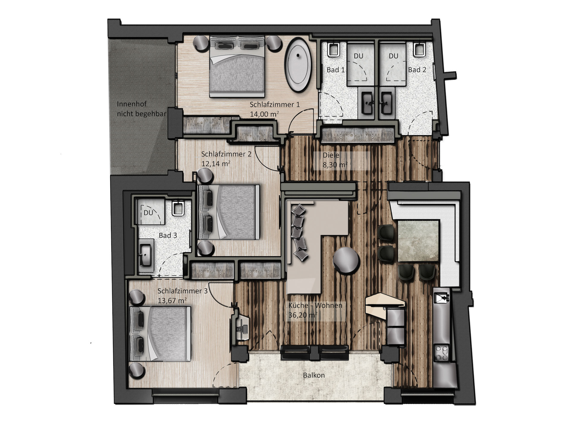visualisierter Grundriss für Ferienapartements.