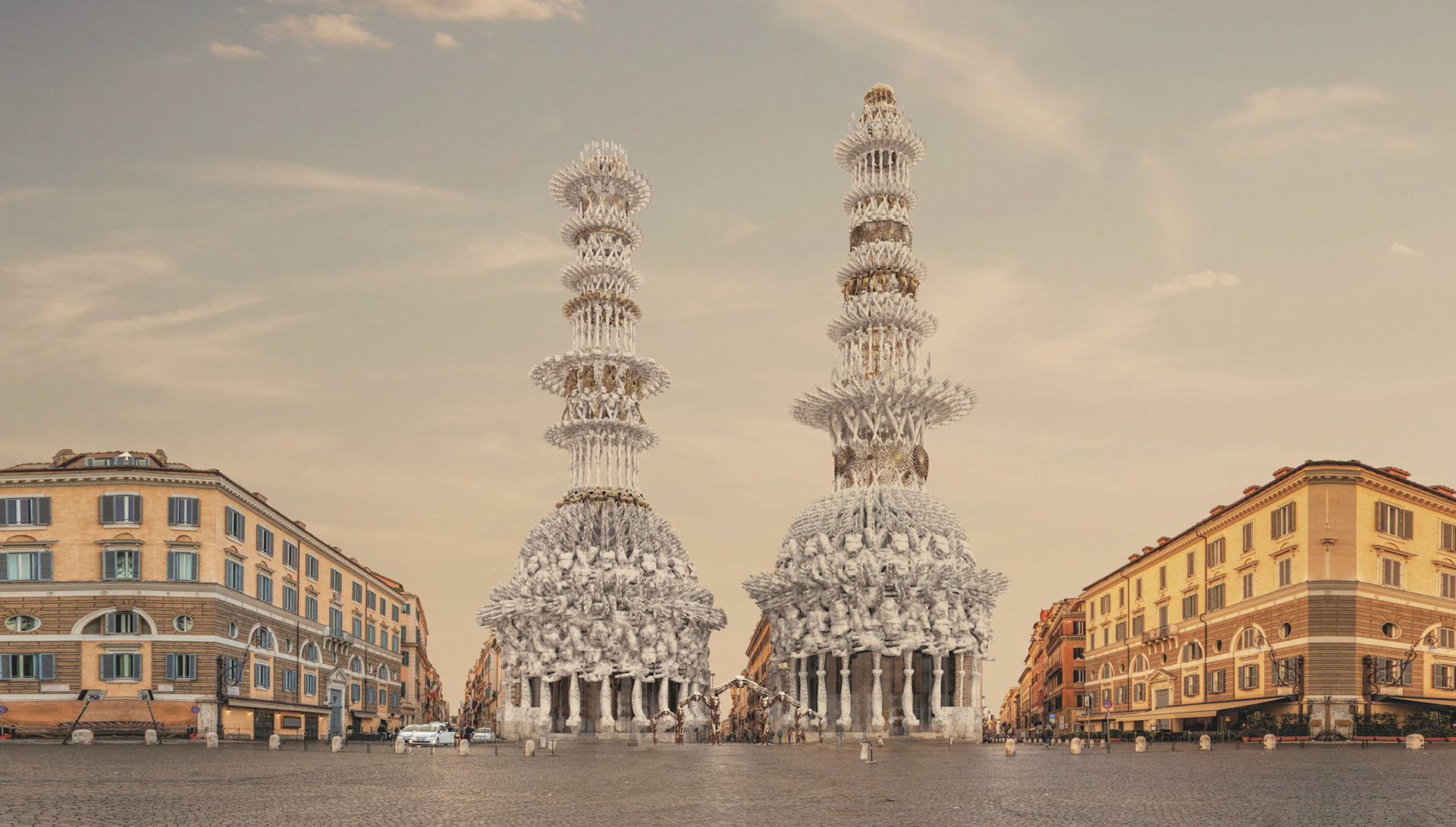 Piazza del Popolo (People's Square), Rome, Italy. Churches of Santa Maria in Montesanto and Santa Maria dei Miracoli. Rome architecture and landmark.