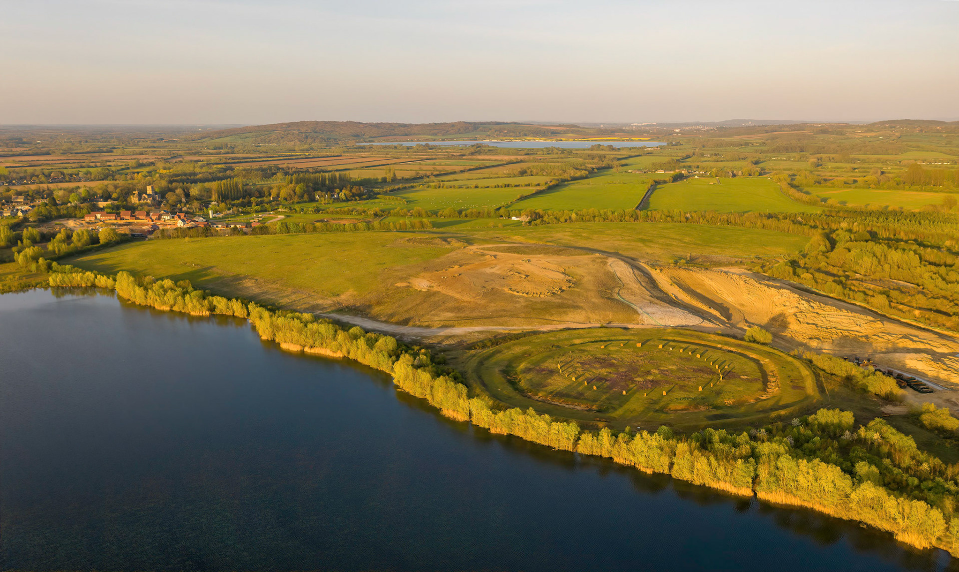 Aerial view of The Devils Quoits at Stanton Harcourt Oxfordshire. The standing stone circle was rebuilt in 2008, the original site was destroyed during the construction of RAF Stanton Harcourt during the second world war.