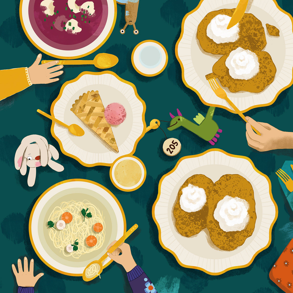 ilustracja - stół z potrawami, jedzący ludzie