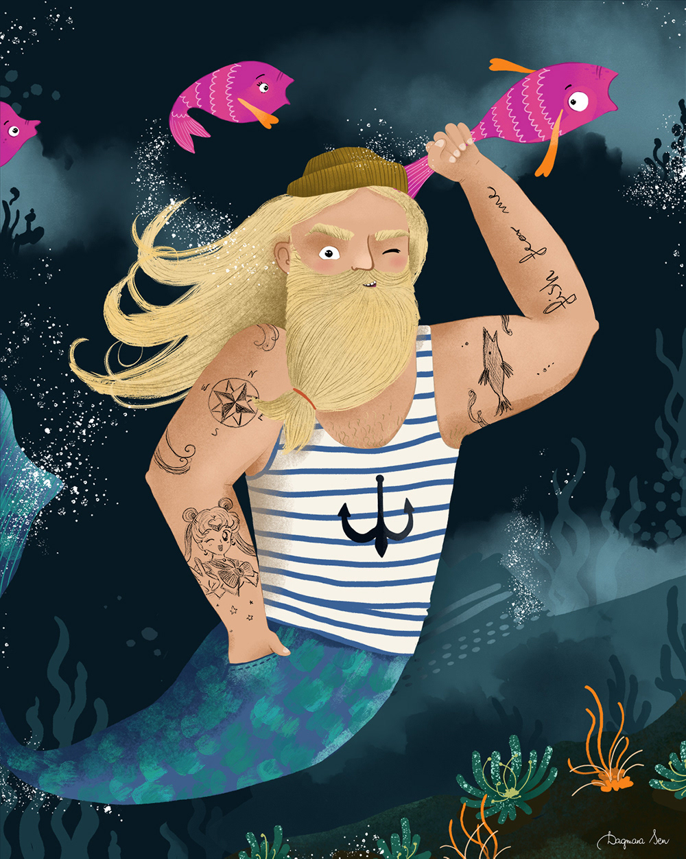 długowłosy żeglarz- syrena łapie ryby - ilustracja