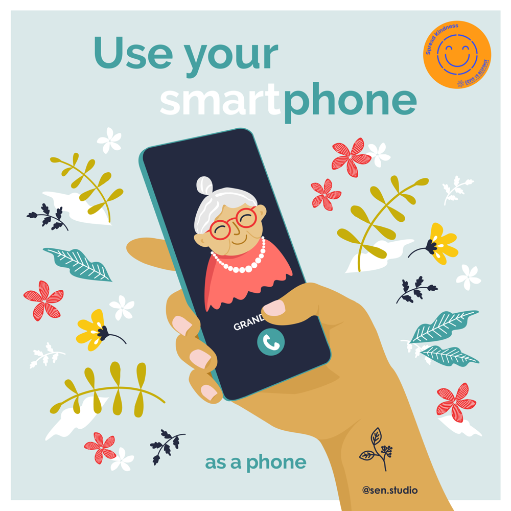 dłoń trzymająca telefon, zdjęcie babci na ekranie - ilustracja