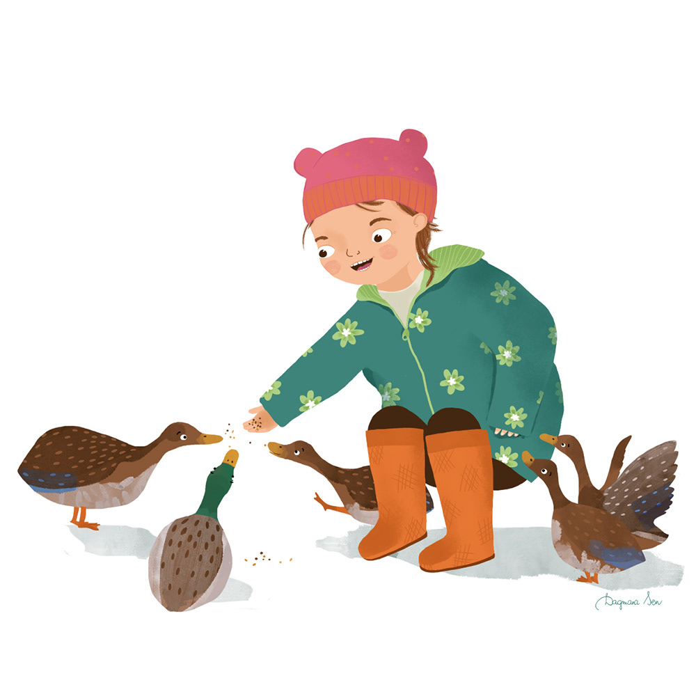 ilustracja - mała dziewczynka w czapce karmi kaczki