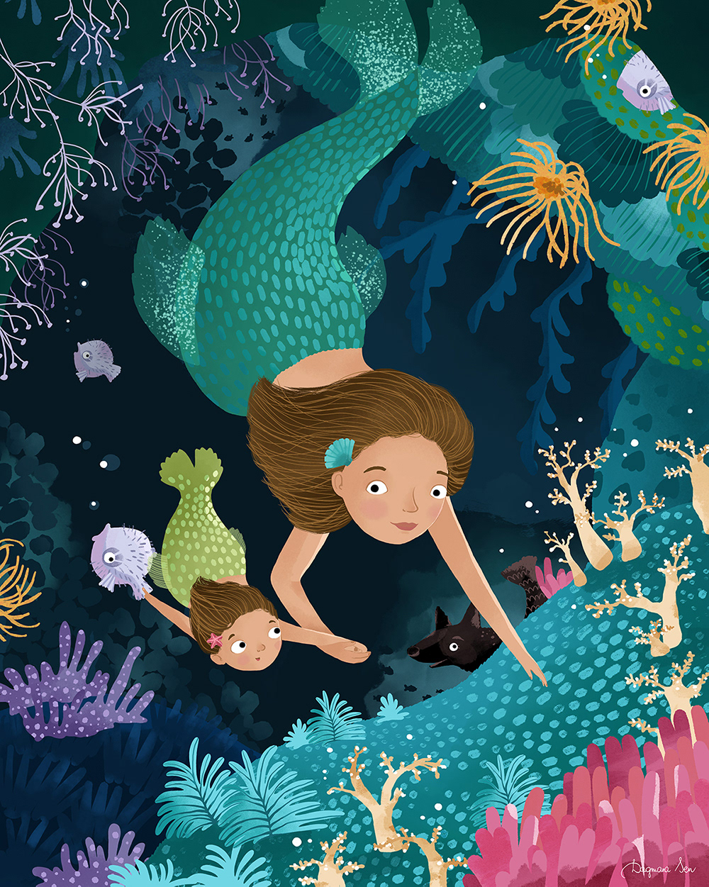 ilustracja - mama syrena z małą córeczką pływają w morskiej głębinie