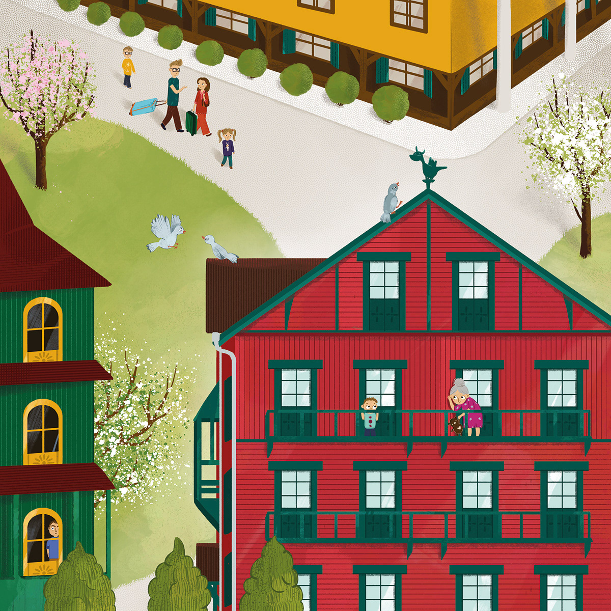 ilustracja dla dzieci - hotele, rodzina idąca do hotelu