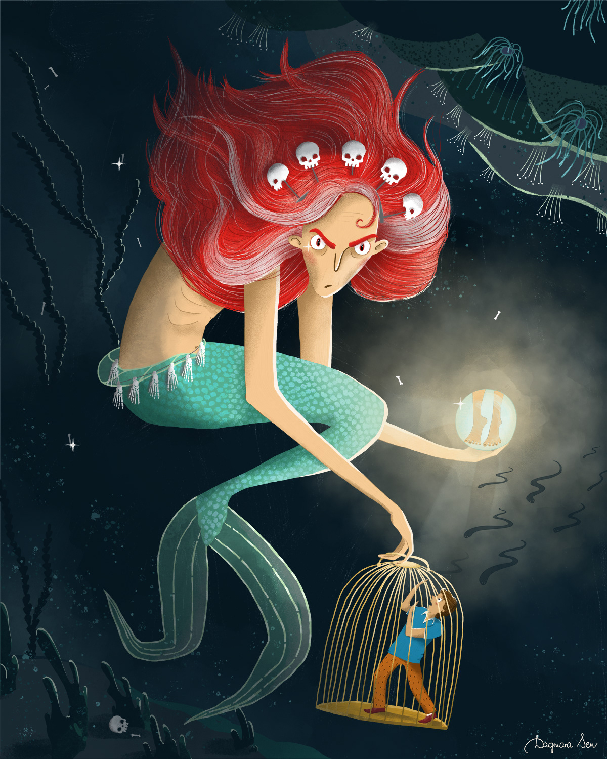 niepokojąca ilustracja - syrena trzyma żeglarza w klatce, ma czaszki na opasce 