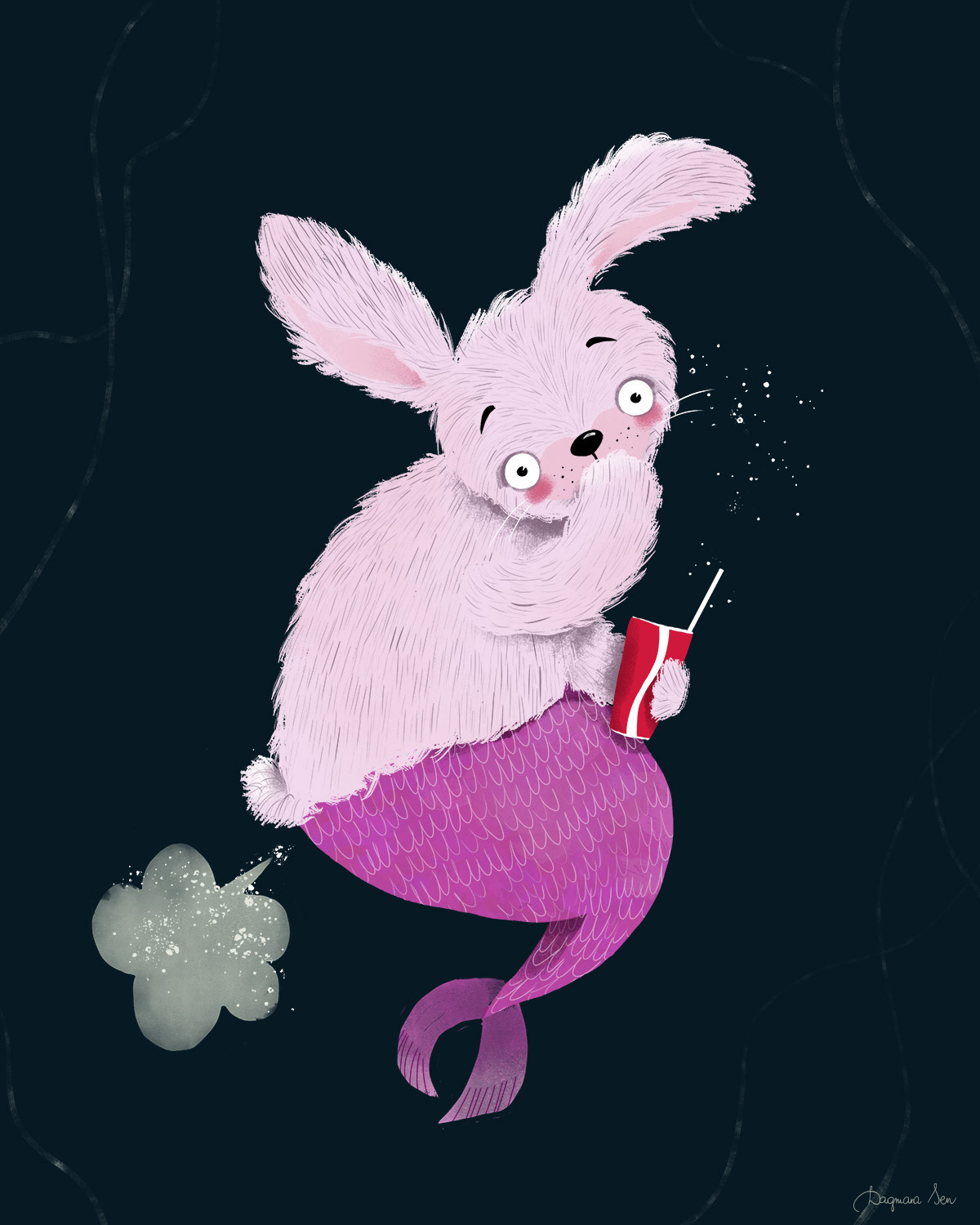 zabawna ilustracja - króliczek z ogonem syreny pije colę i puszcza bąki