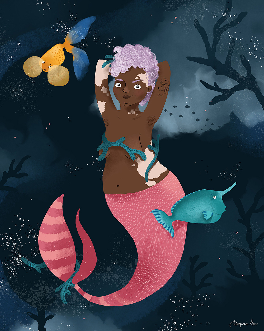 czarnoskóra syrena z plamami bielactwa - unikalność jest piękna - ilustracja