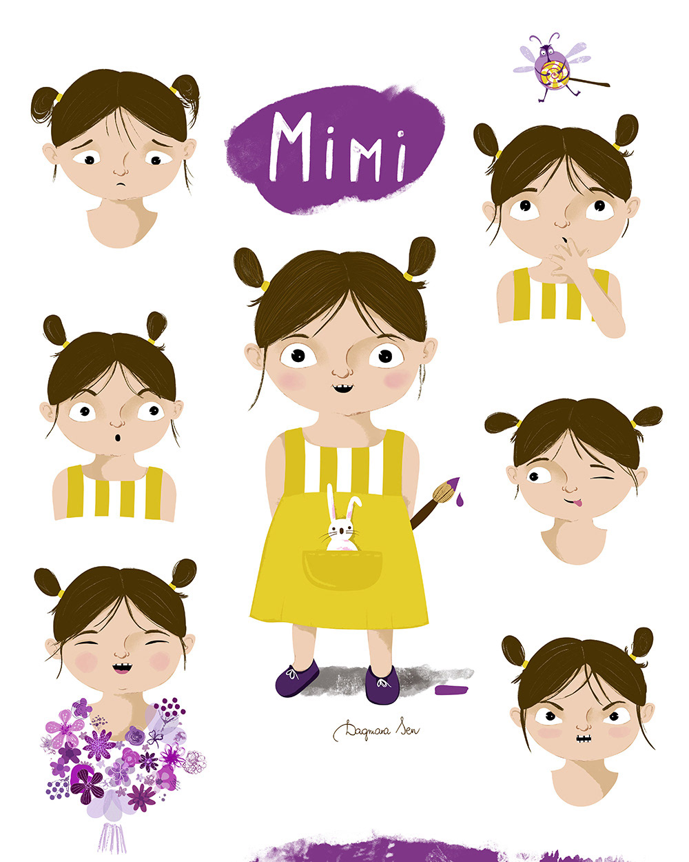 projekt postaci - dziewczynka i fioletowe farby - ilustracja dla dzieci