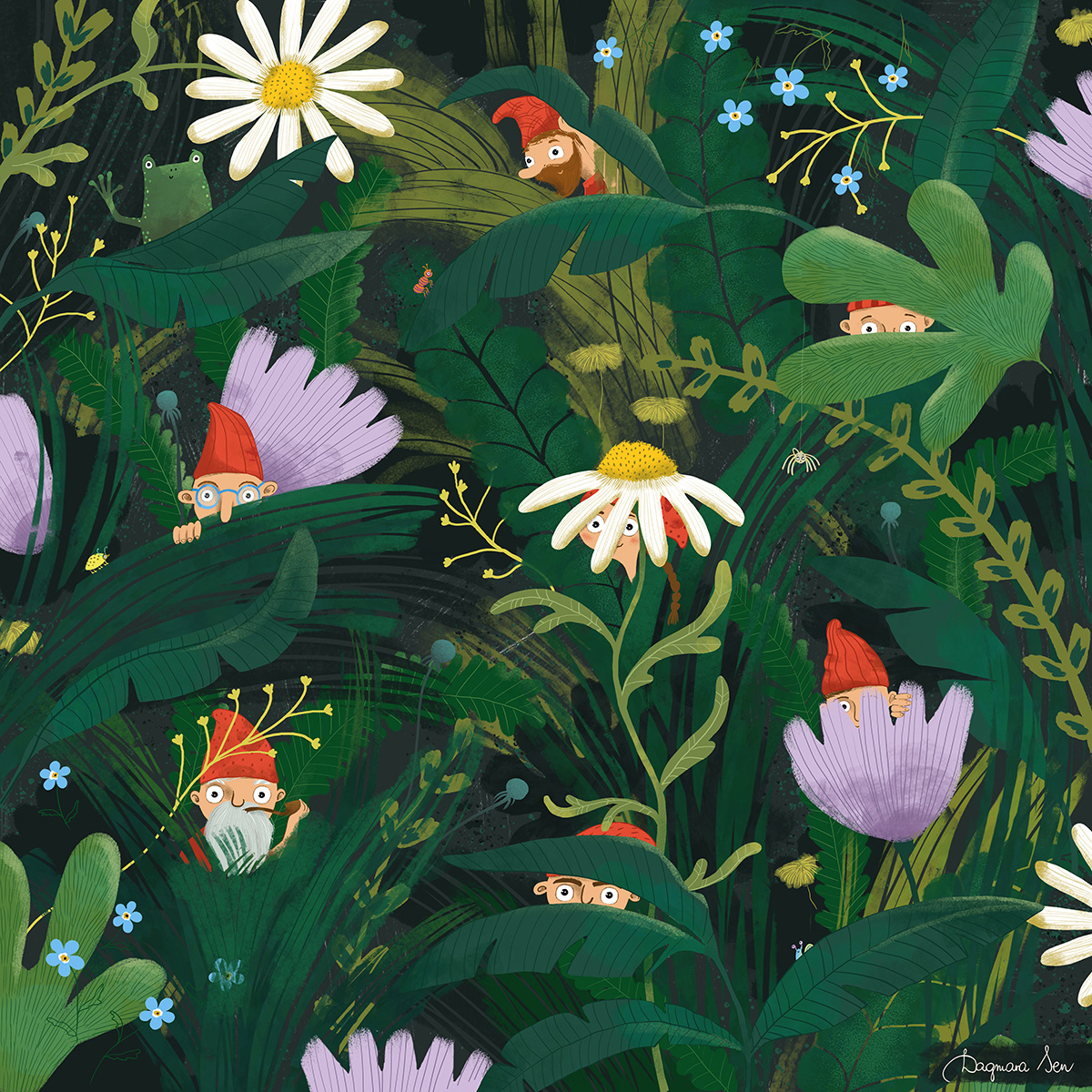 krasnoludki skrywające się wśród kwiatów - ilustracja dla dzieci