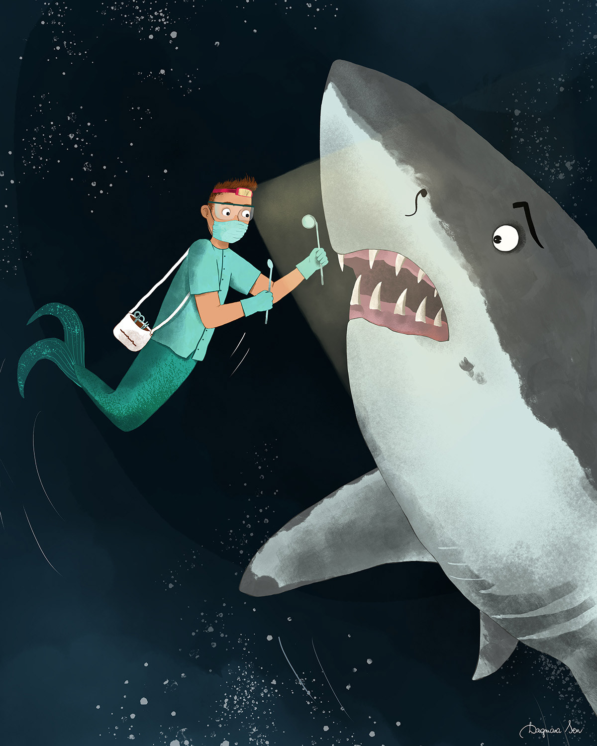 ilustracja dla dzieci - rekin u dentysty