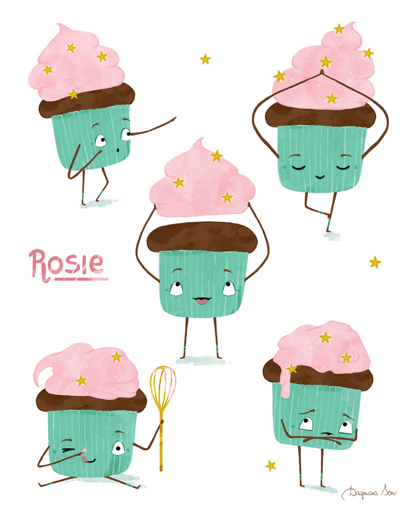 character design - muffin z kremem, różne pozy