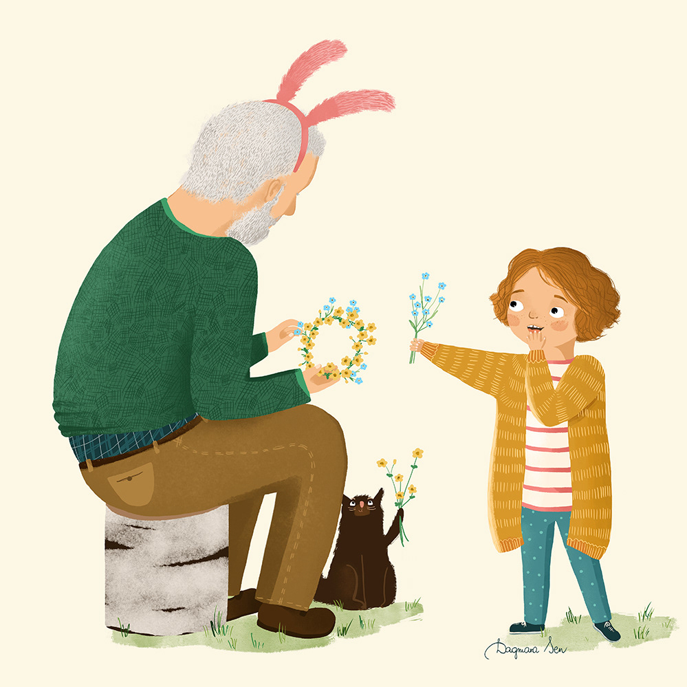 ilustracja - dziadek z opaską z uszami królika plecie wianek dla wnuczki, wnuczka podaje kwiaty