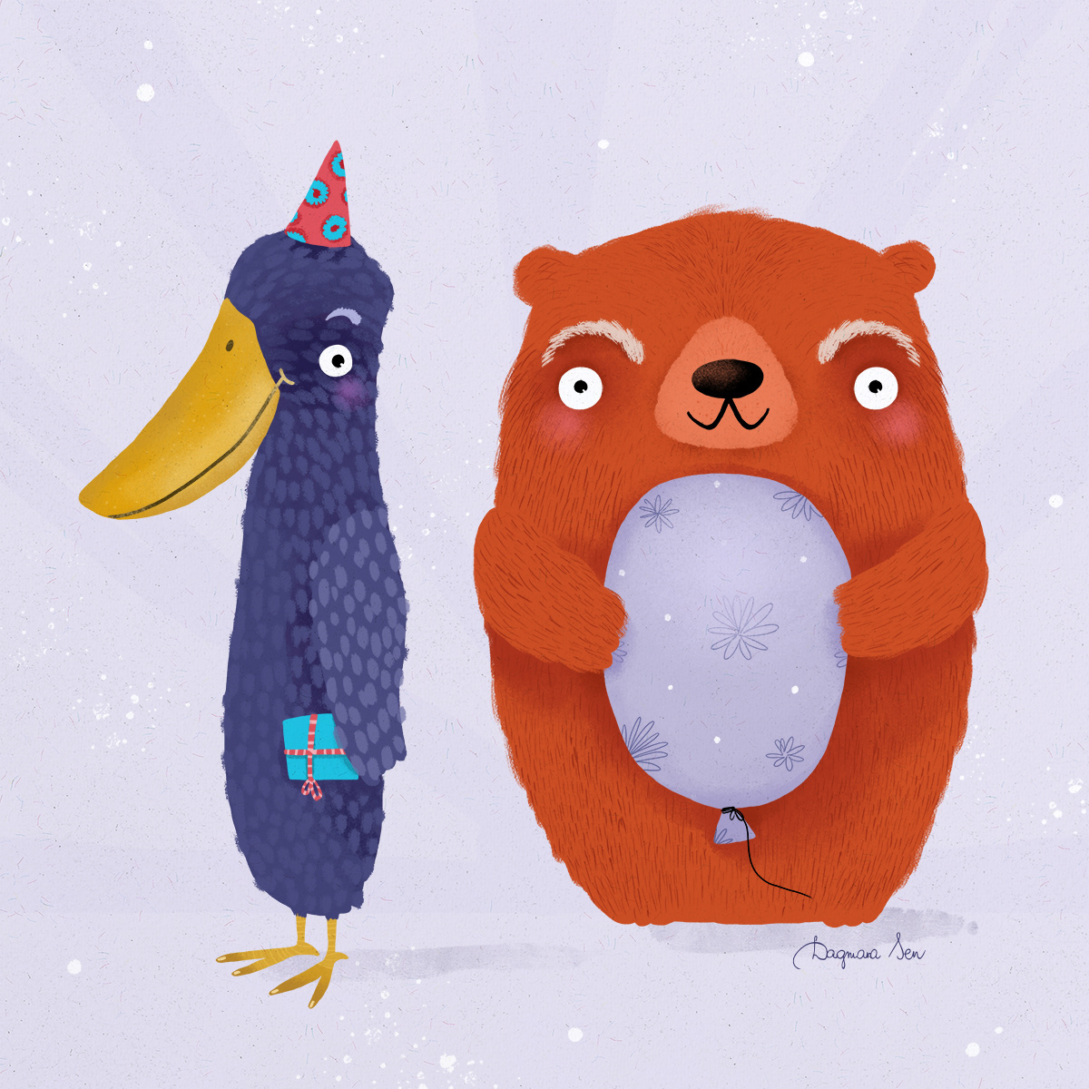 ptak i miś z urodzinowymi prezentami