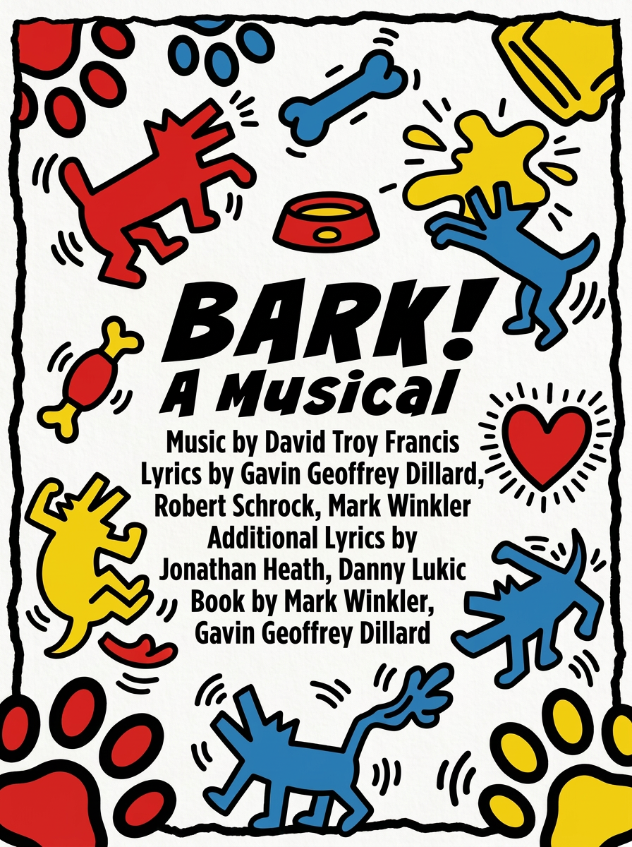 “BARK! The Musical image with playful illustrated dogs and vibrant primary colors that list the writers.