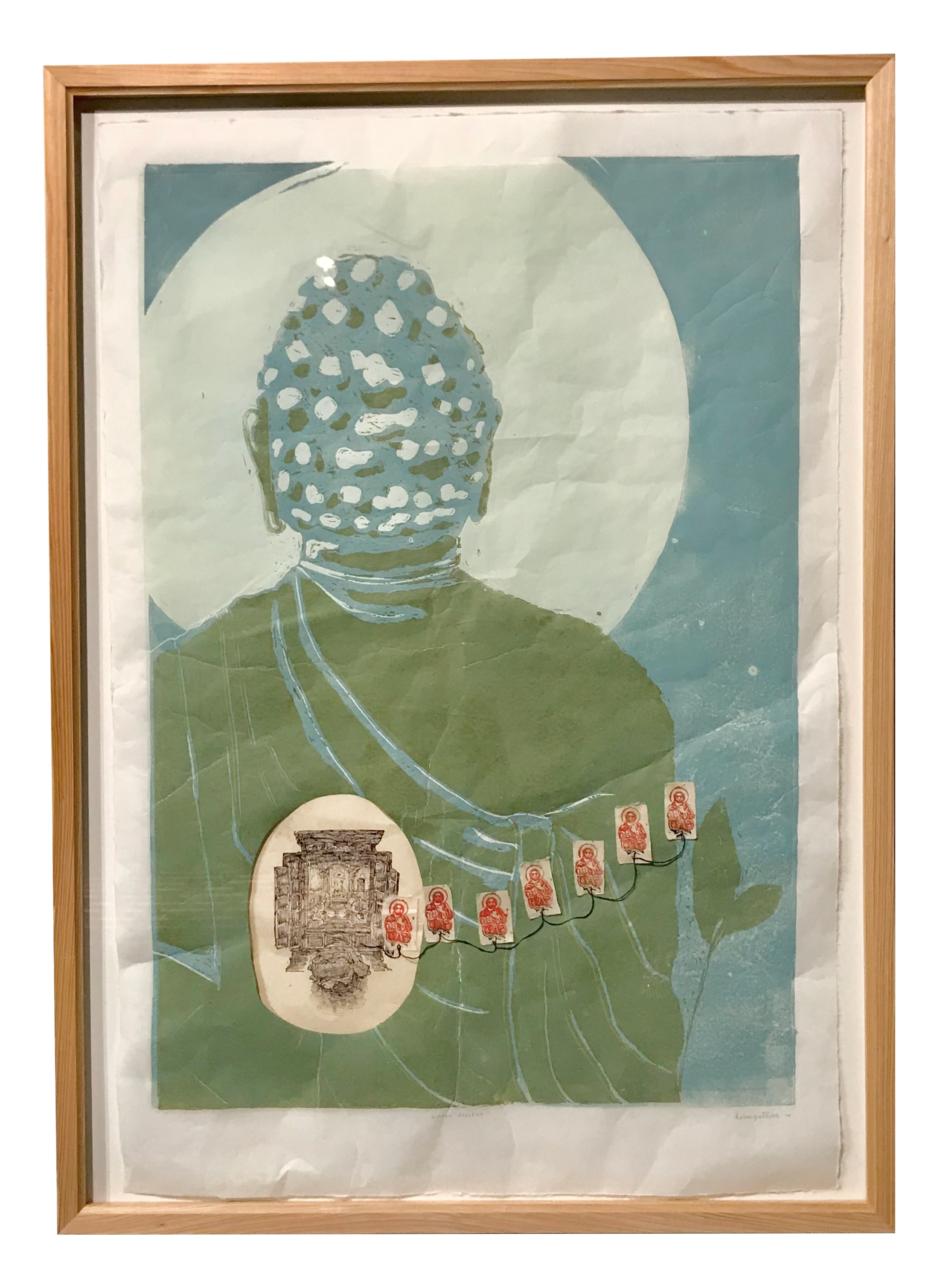 "hidden devotion" · linoleum reduction relief and ink pen on mulberry and kitakata, embroidery thread · 22" x 32"