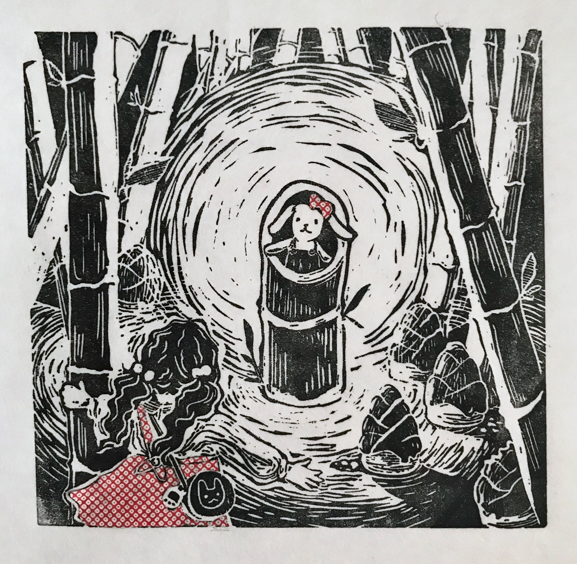 "moon rabbit," linoleum relief print with origami