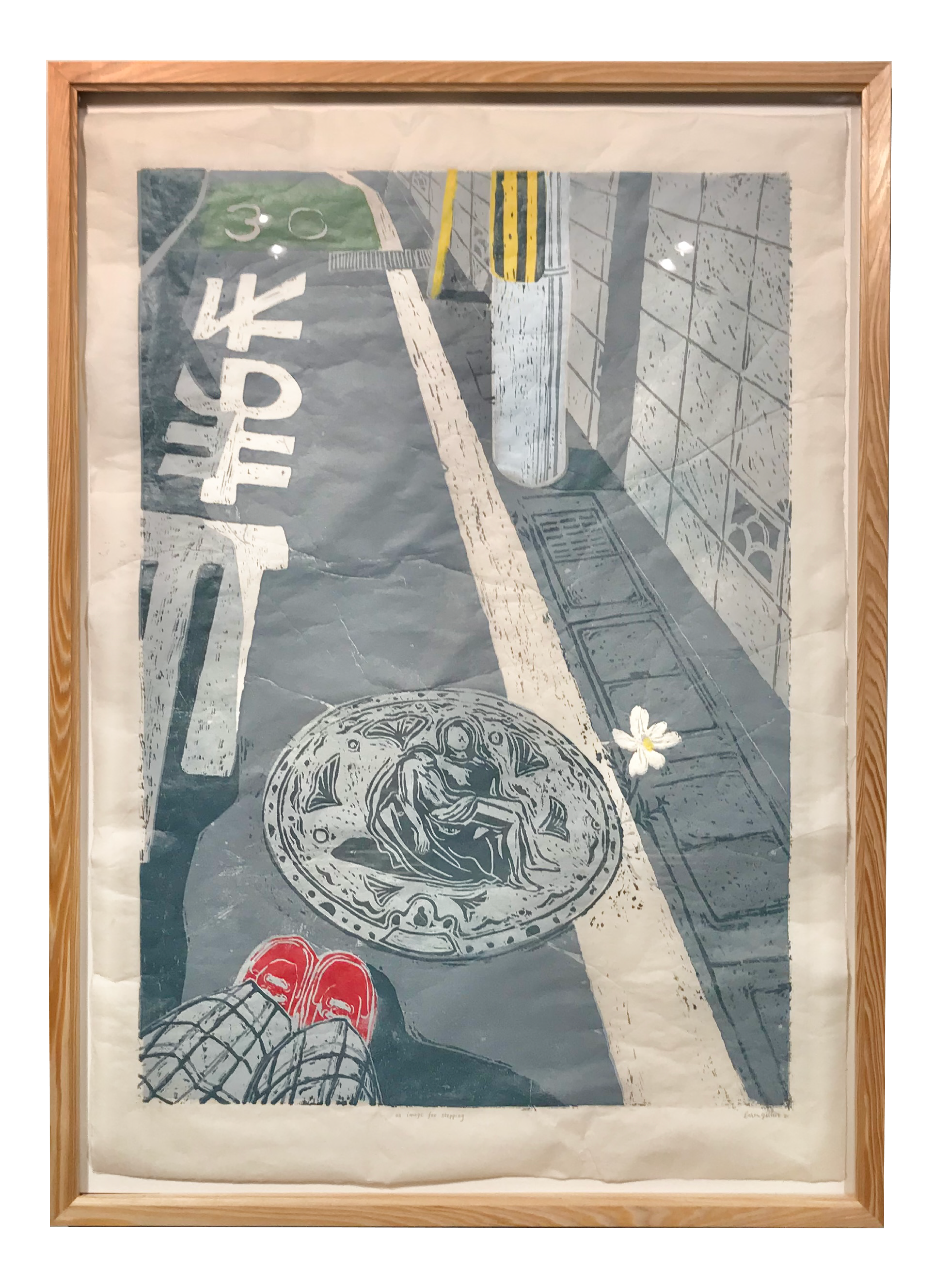 "an image for stepping" · linoleum reduction relief and ink pen on mulberry · 22" x 32"