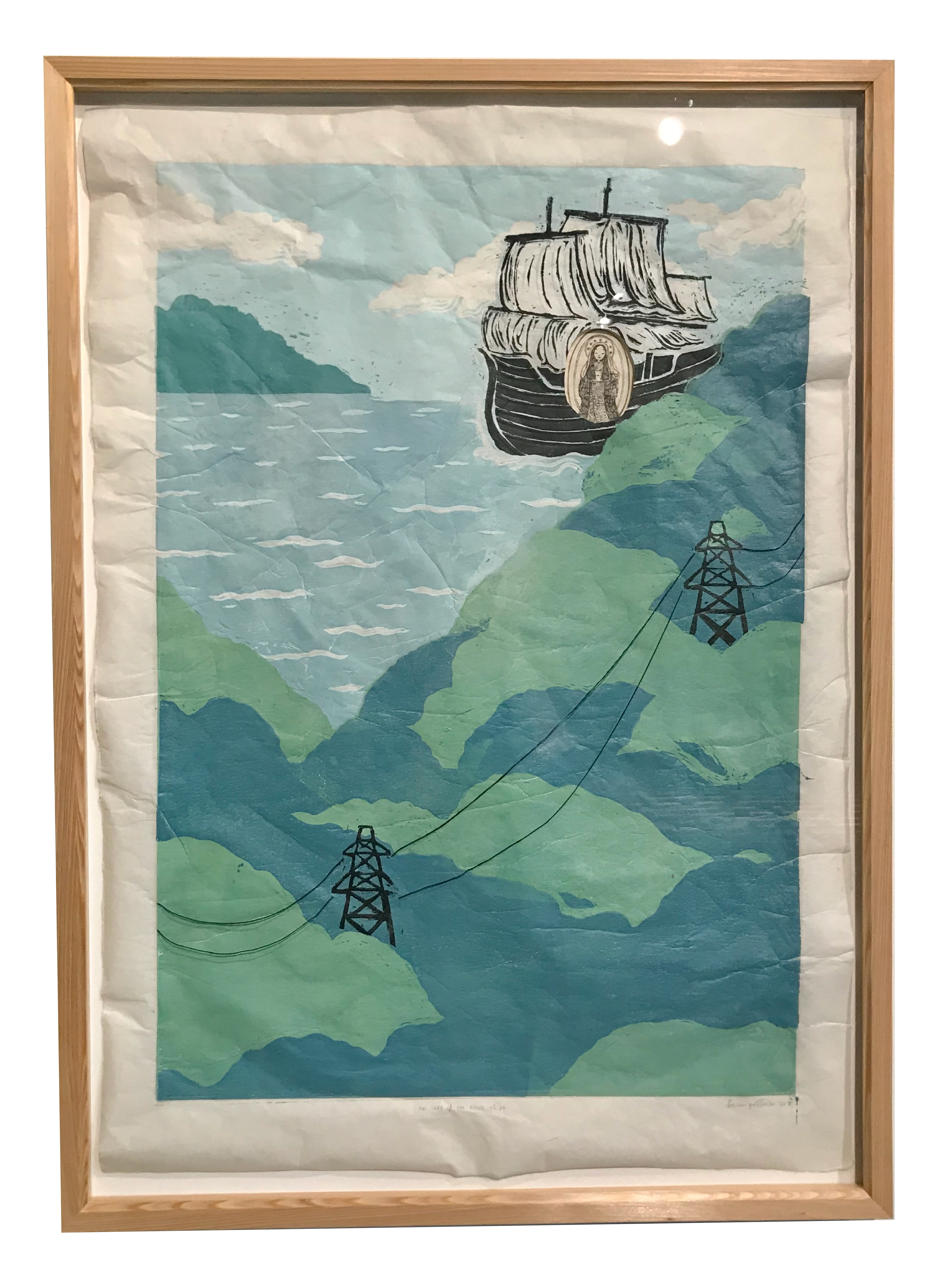 "our lady of the black ships" · linoleum reduction relief and ink pen on mulberry and kitakata, embroidery thread · 22" x 32"
