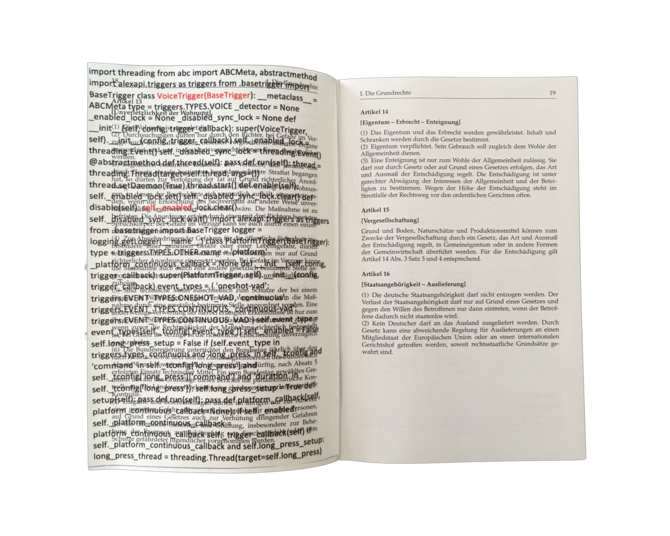 Amazon Alexa code printed over and obscuring the German right to the inviolability of the home