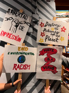 Protest signs I designed for Claudio, Benedick, Don Pedro, and Borachio