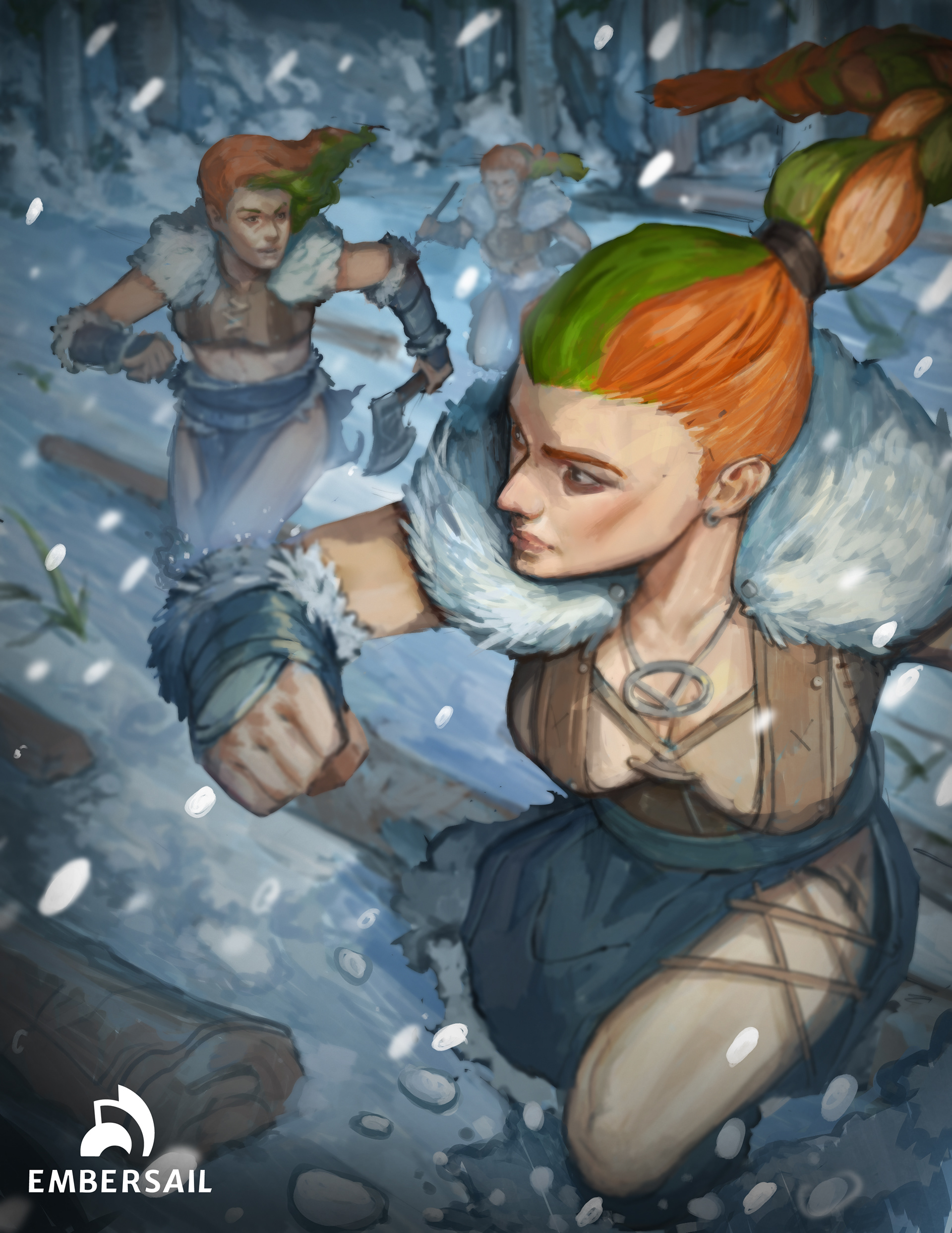 Group of svell running and hunting over a snowy tundra