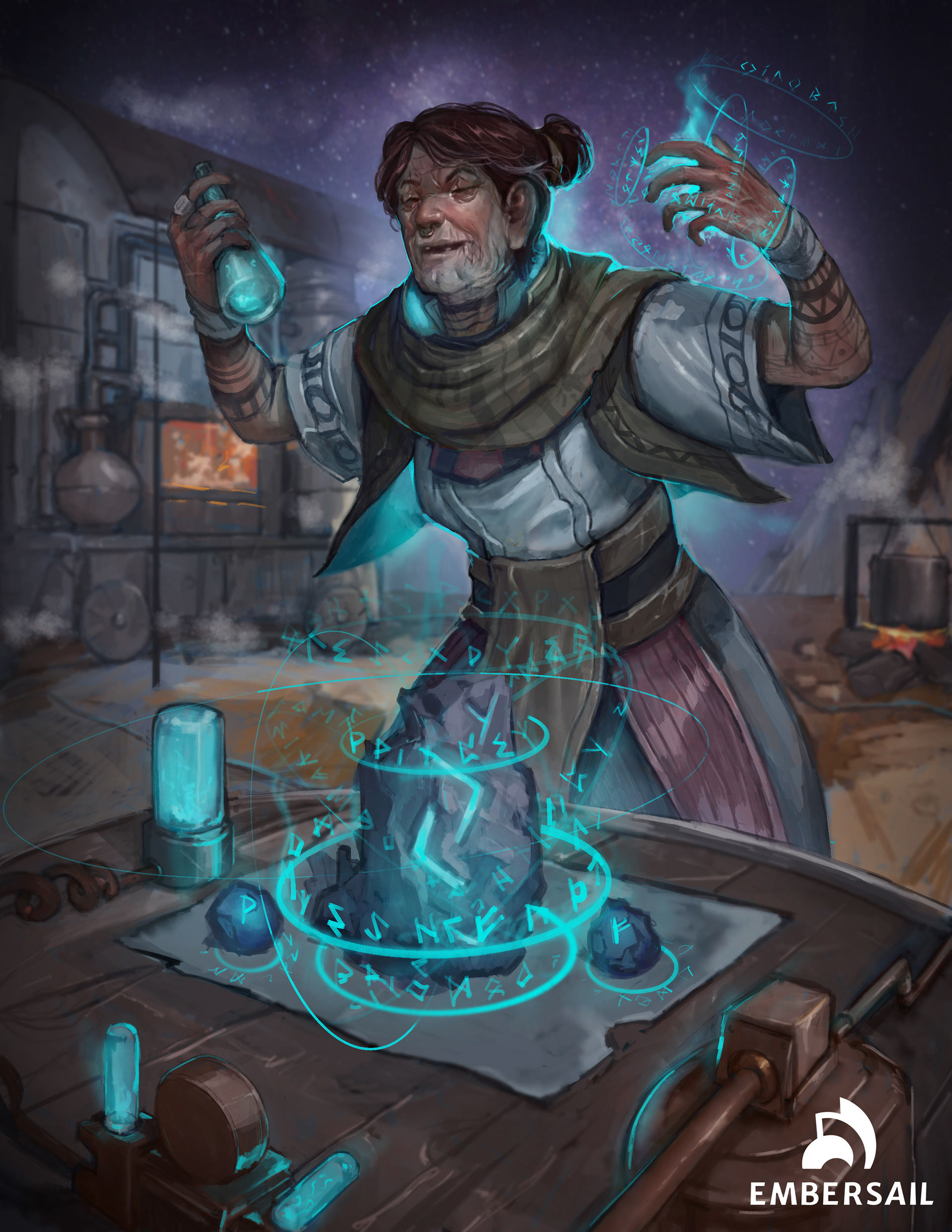 An Old Drub woman practicing arcane outdoors during the night as theyy are travelling during the day,