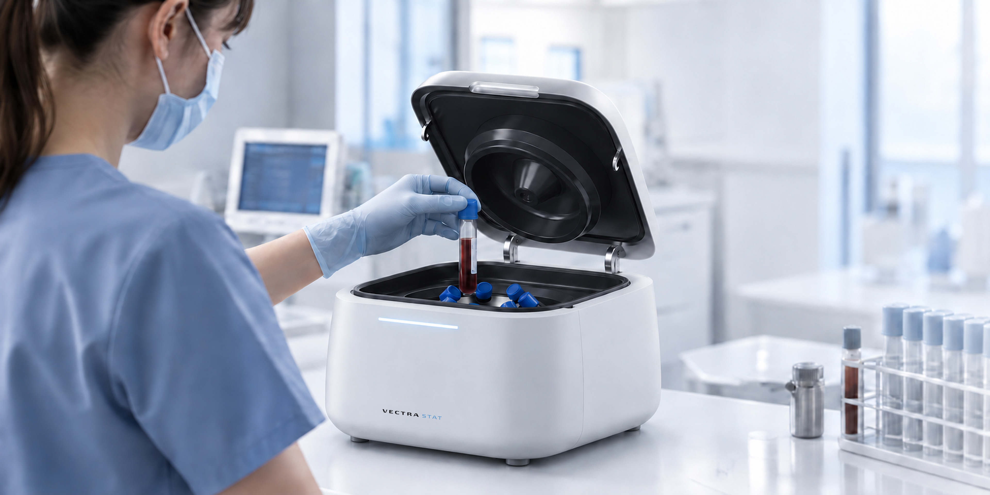 Female operator using the VECTRA STAT in a laboratory, shown in a product use-case CG rendering