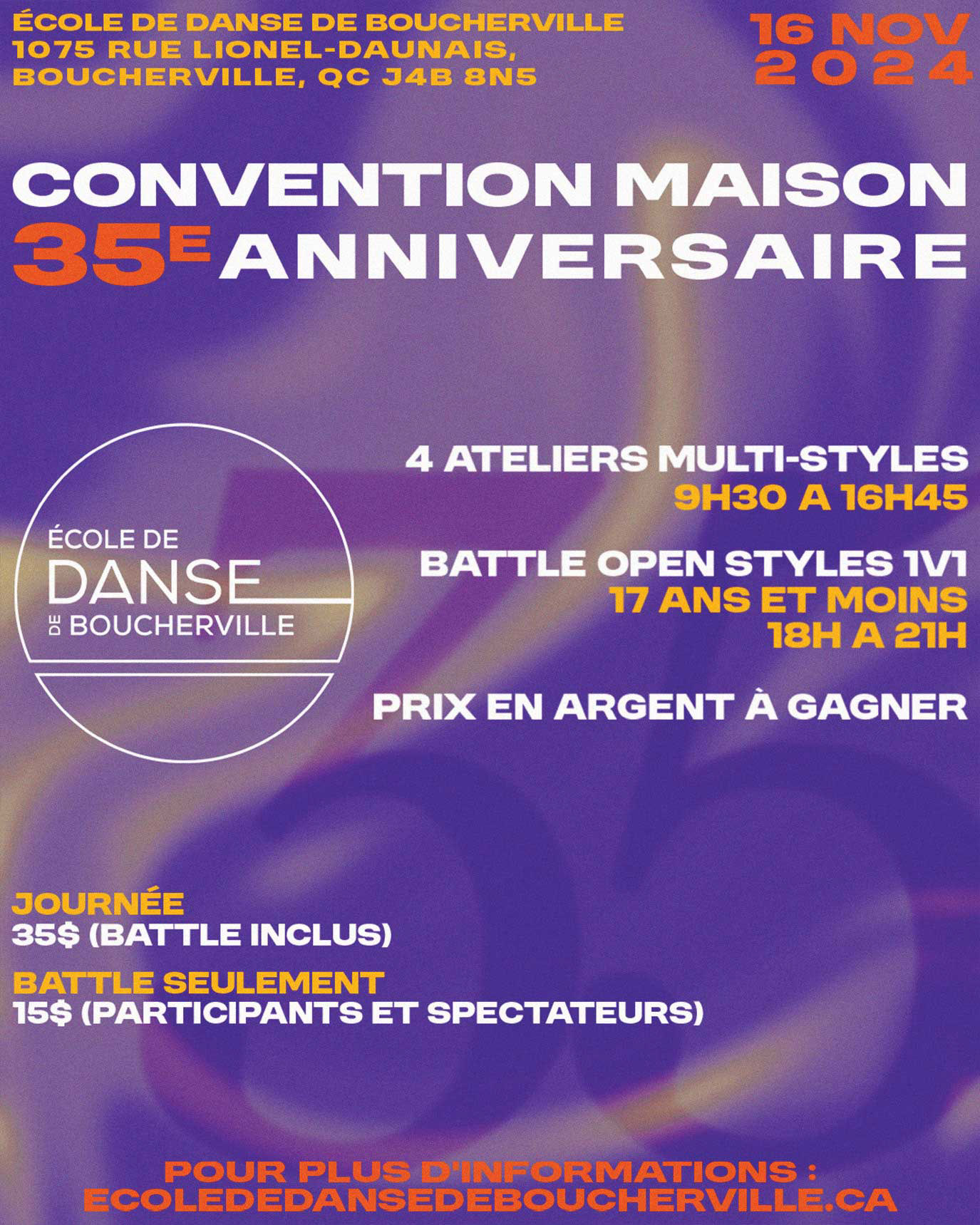 Event flyer for École de Danse de Boucherville