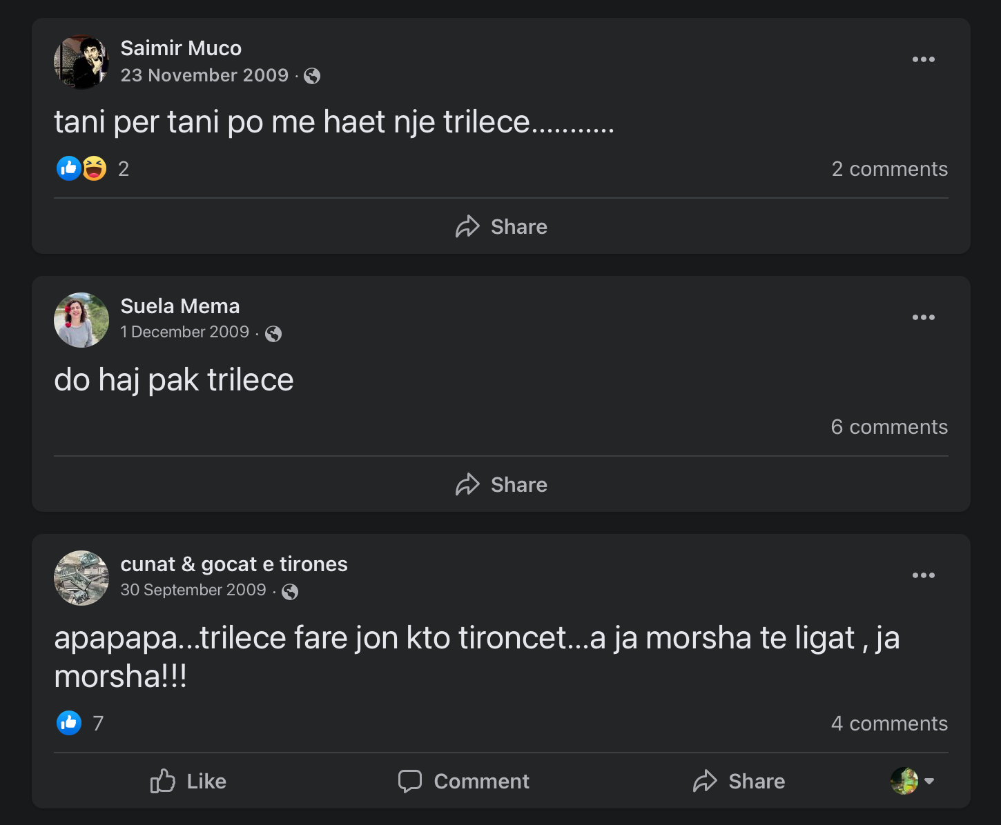 The earliest publicly available references to "trilece" on Facebook, all in Albanian.