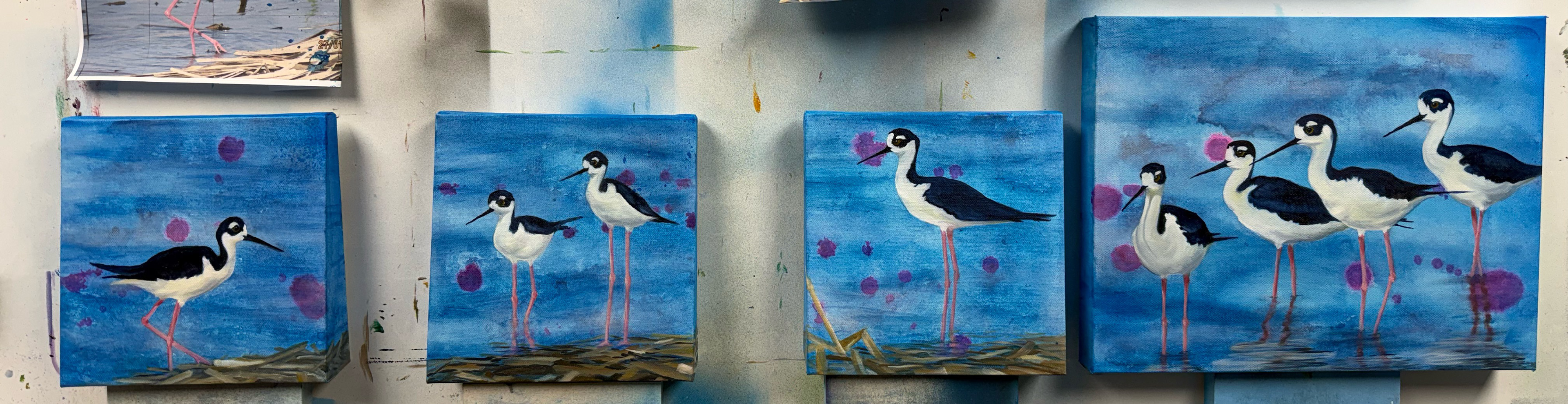 Trio will look nice together on a shelf.  Ring-Necked Stilts are interesting to watch in the larger groups.  Stilt X3 trio is $108.00 for the group.  Stilt X4 11x14 picture $154.00