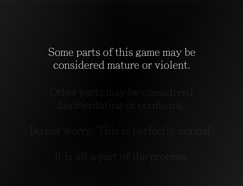Opening content warning - inspired by classic PlayStation survival horror games - with hidden text.